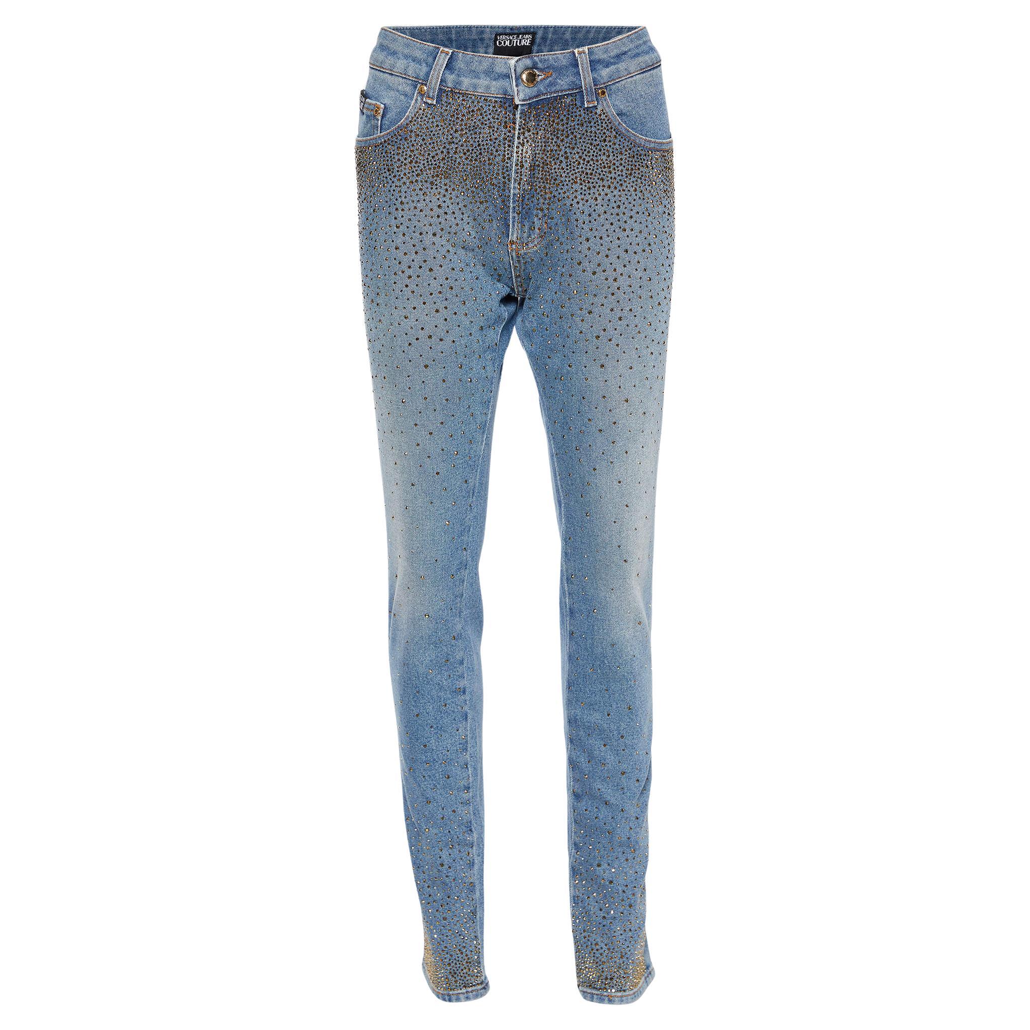 Versace Jeans Couture Blue Rhinestone Embellished Denim Skinny Jeans  For Sale