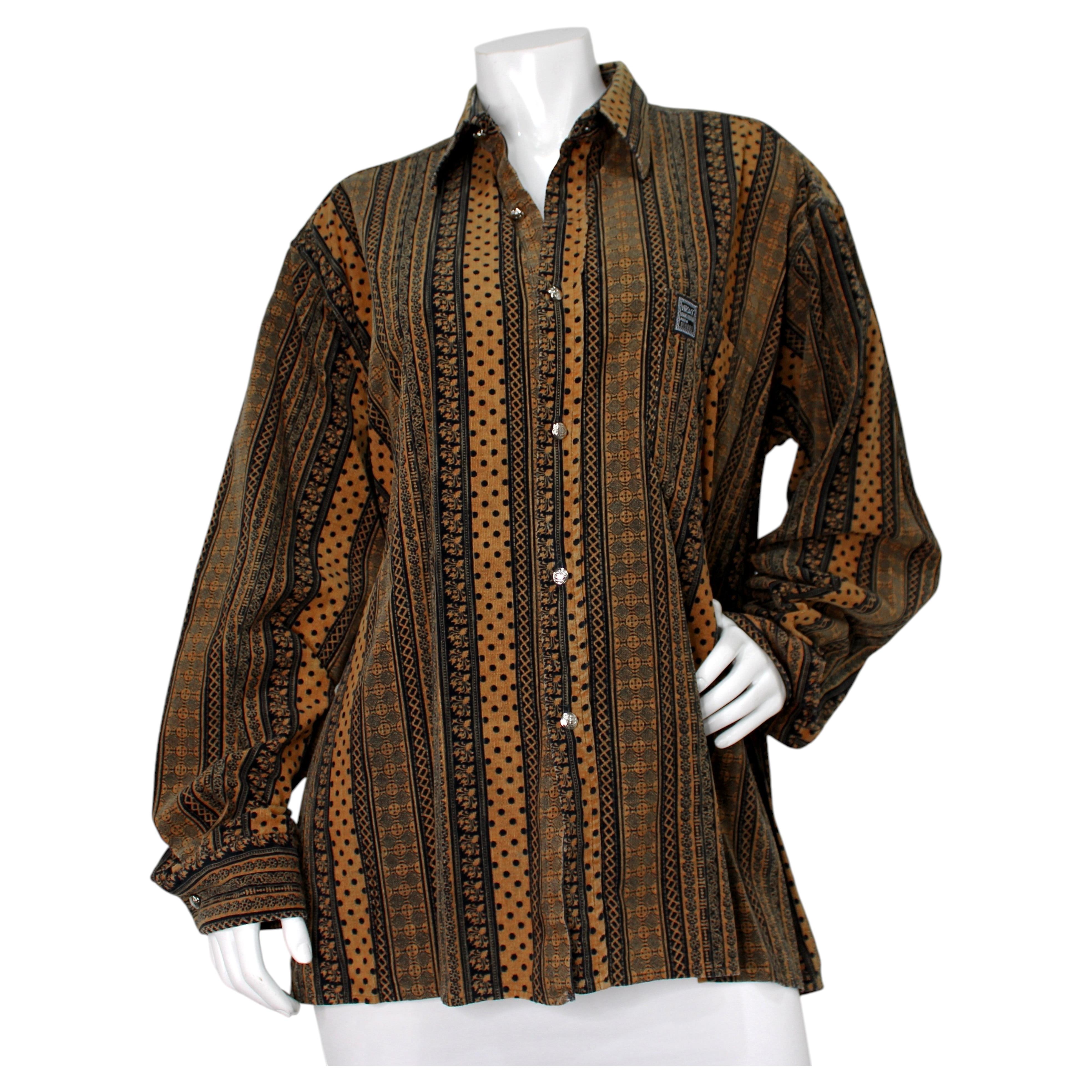 Versace Jeans Couture Brown & Black Print Corduroy Button-Down Shirt circa 1990s For Sale