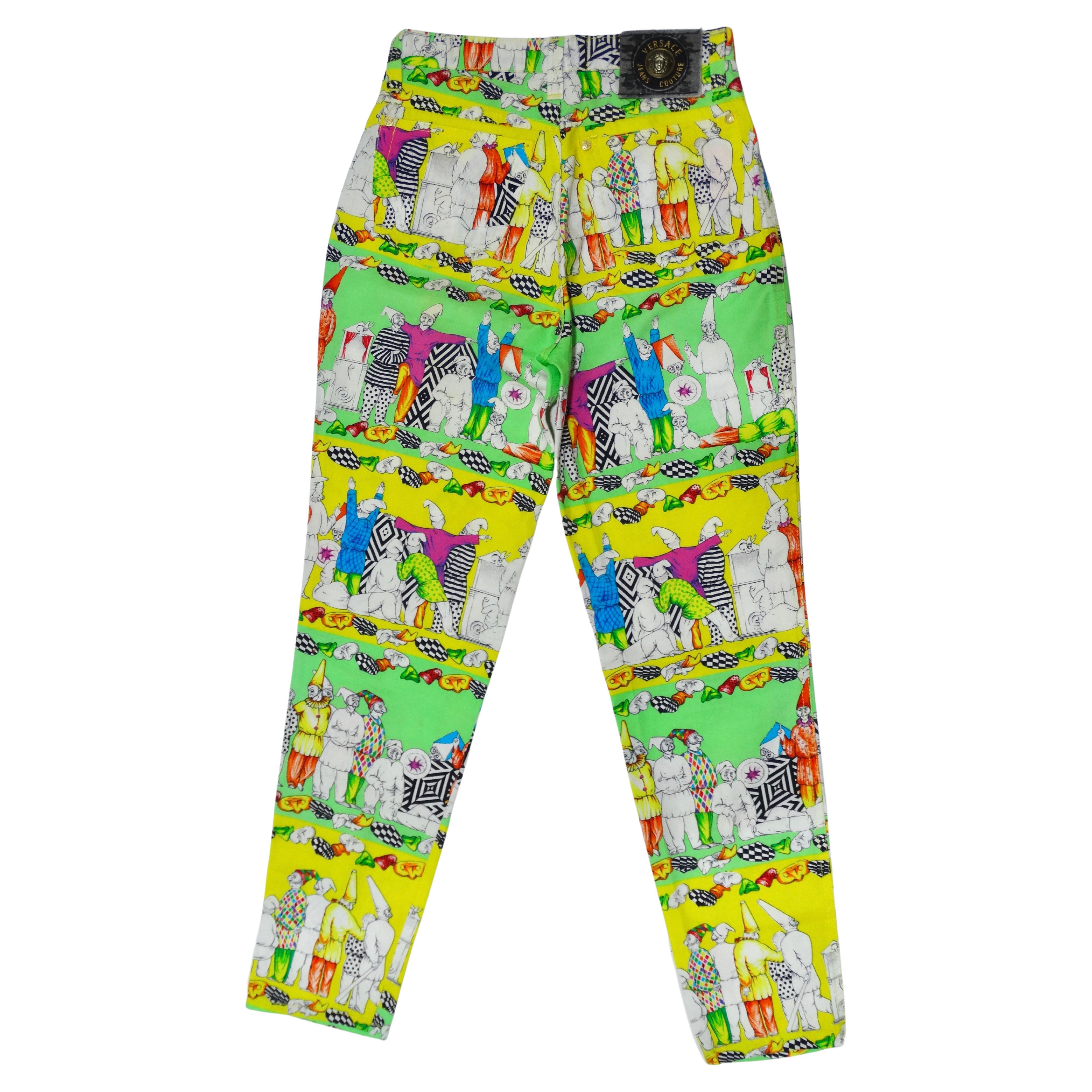 This one is for the avid Versace collector! Snatch a pair of rare and funky Versace Jeans Couture. These trousers feature a bold and bright clown pattern over stripes of lime green and yellow with a button closure and ultra high rise. You can get