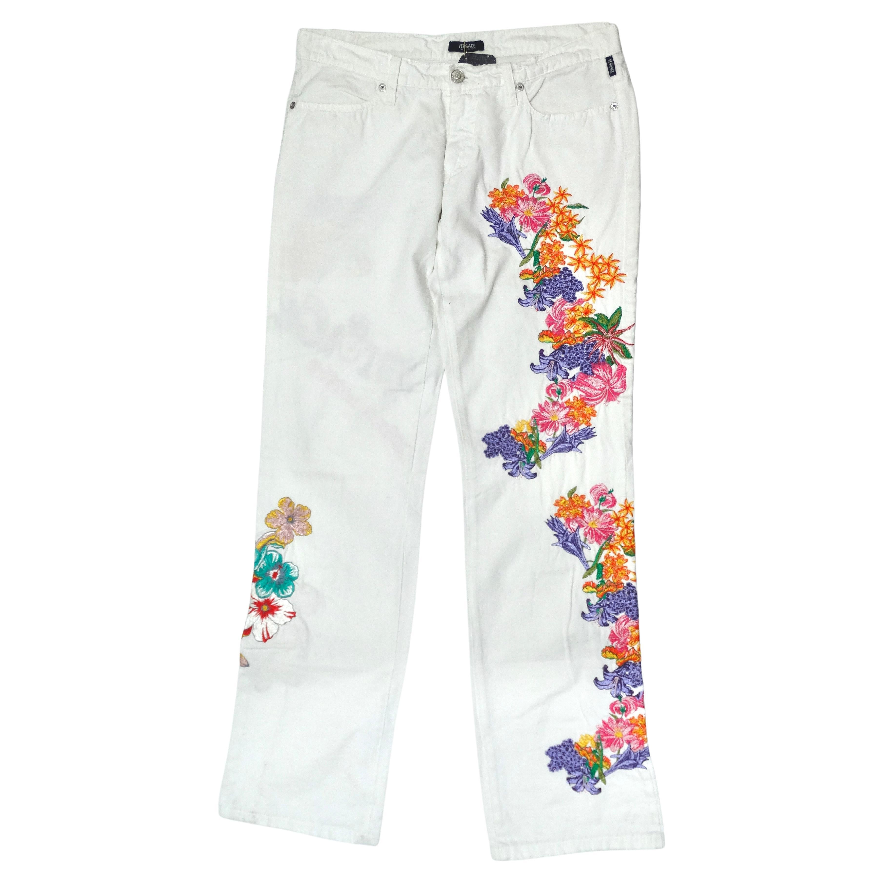 Versace Jeans Couture Floral Embroidered Jeans For Sale