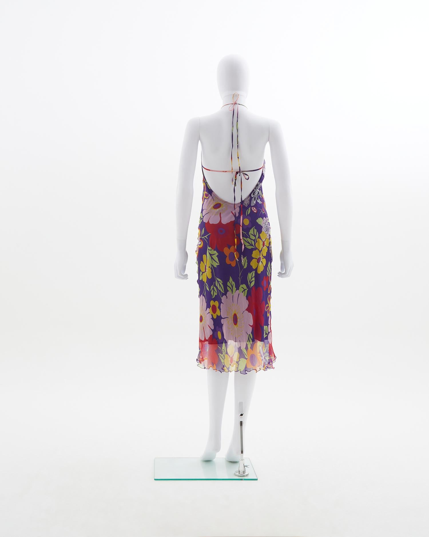 Versace Jeans Couture Seidenkleid mit Blumendruck und offenem Rücken, Anfang der 2000er Jahre (Gray) im Angebot