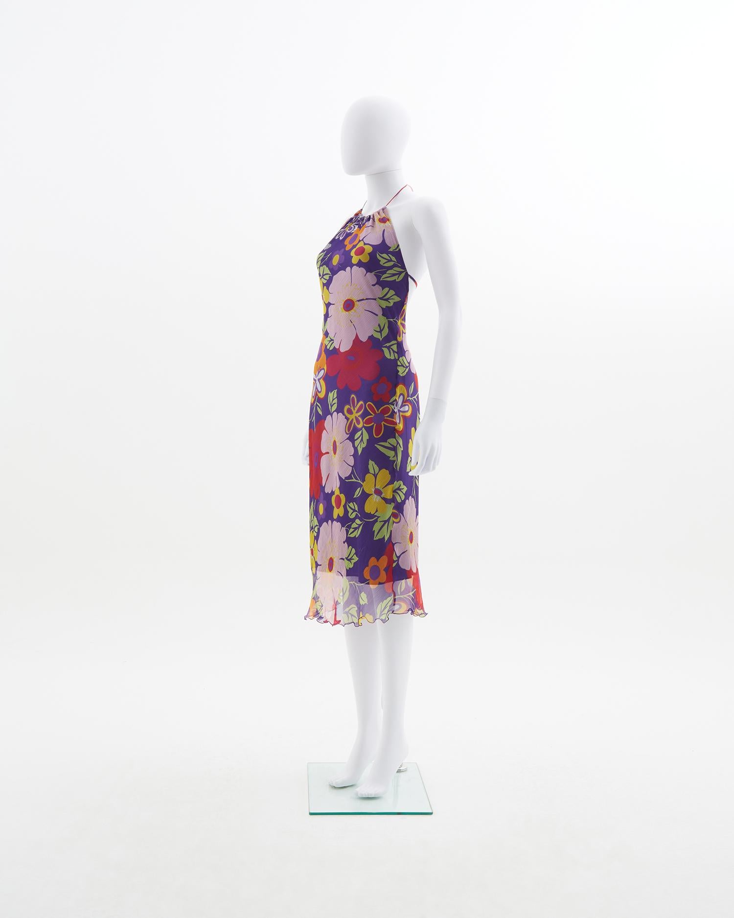 Versace Jeans Couture floral print open back silk dress, early 2000s In Excellent Condition For Sale In Milano, IT
