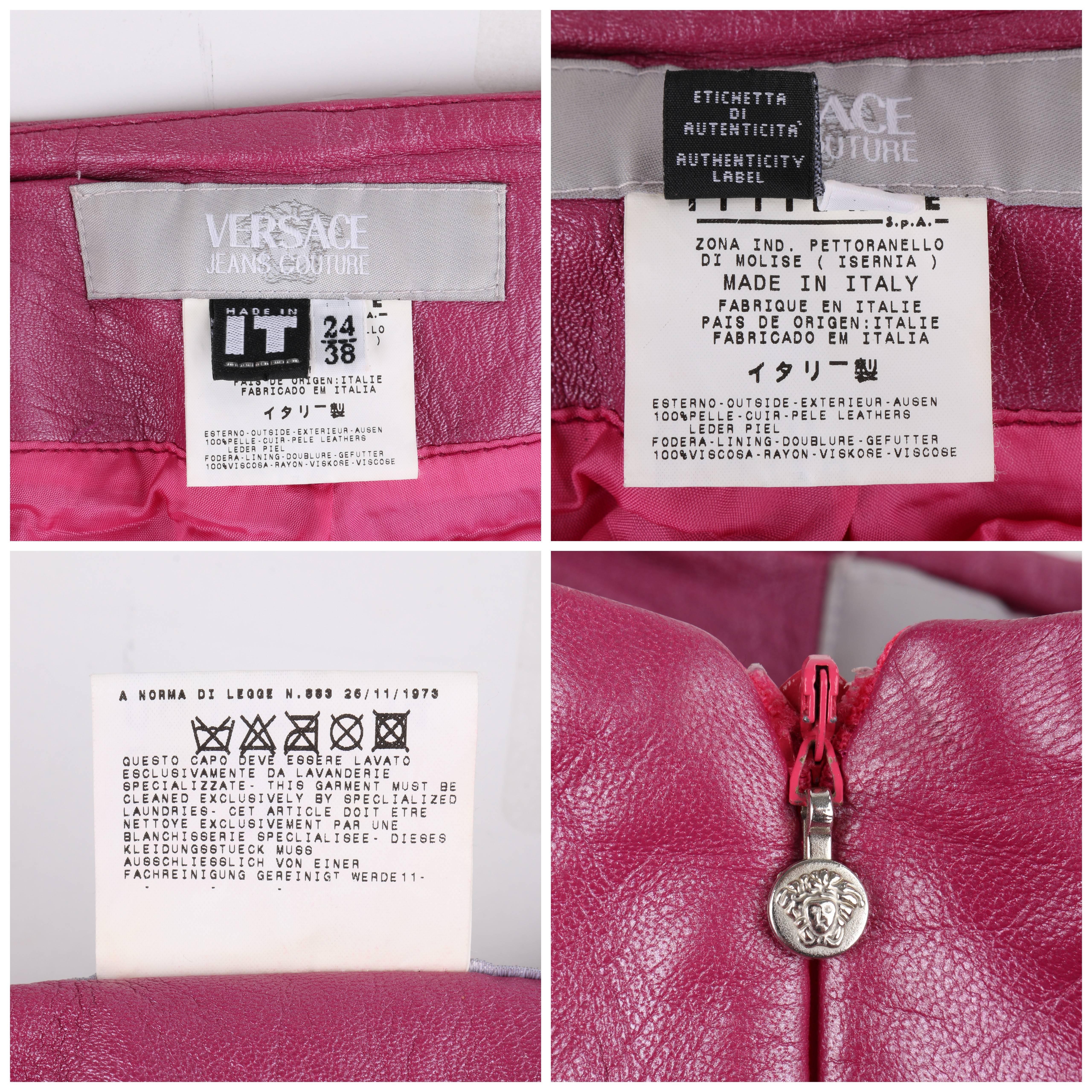 VERSACE Jeans Couture Magenta Pink Leather Boot Cut Pants In Excellent Condition In Thiensville, WI