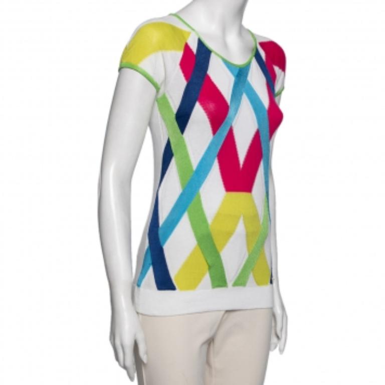 This top from Versace Jeans Couture is a great pick for casual use. It is designed using a cotton blend and it has multicolor stripes and cap sleeves. Complement this top with your favorite pair of jeans.