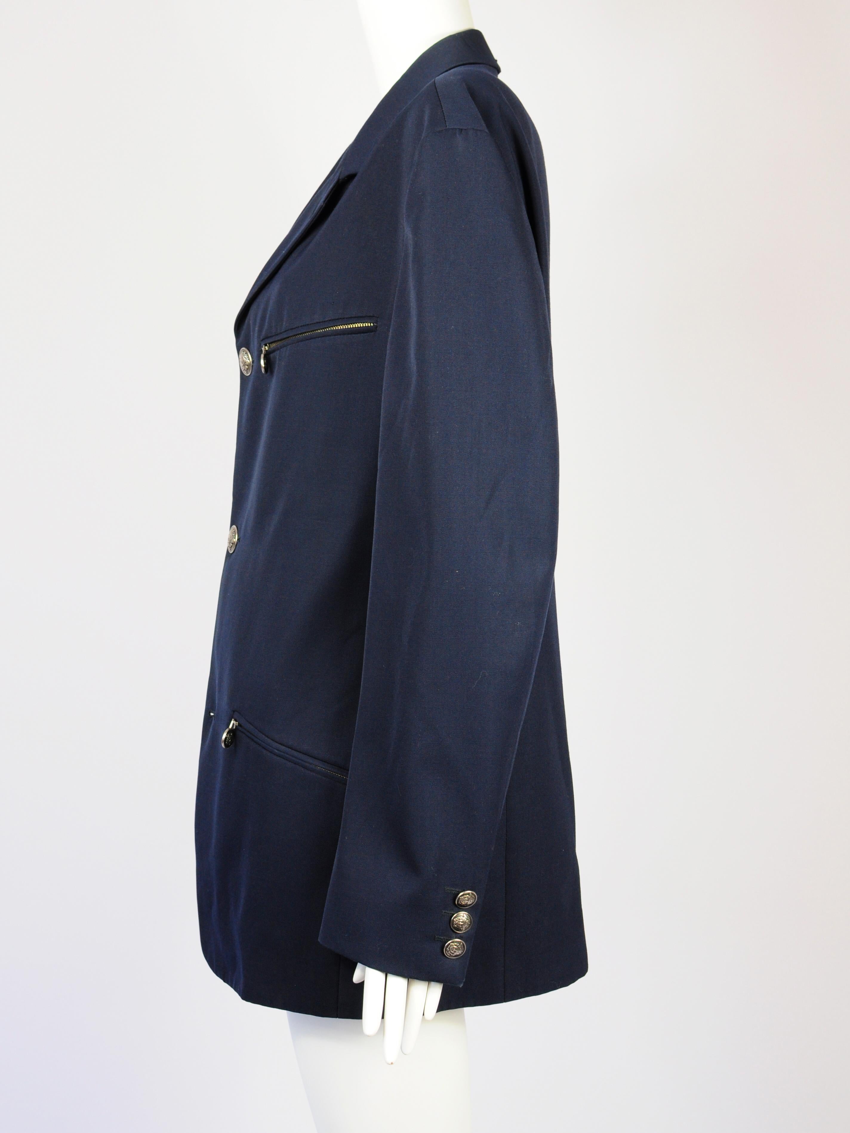 Women's Versace Jeans Couture Navy Blue Medusa Buttons Blazer Zippers 2000s For Sale