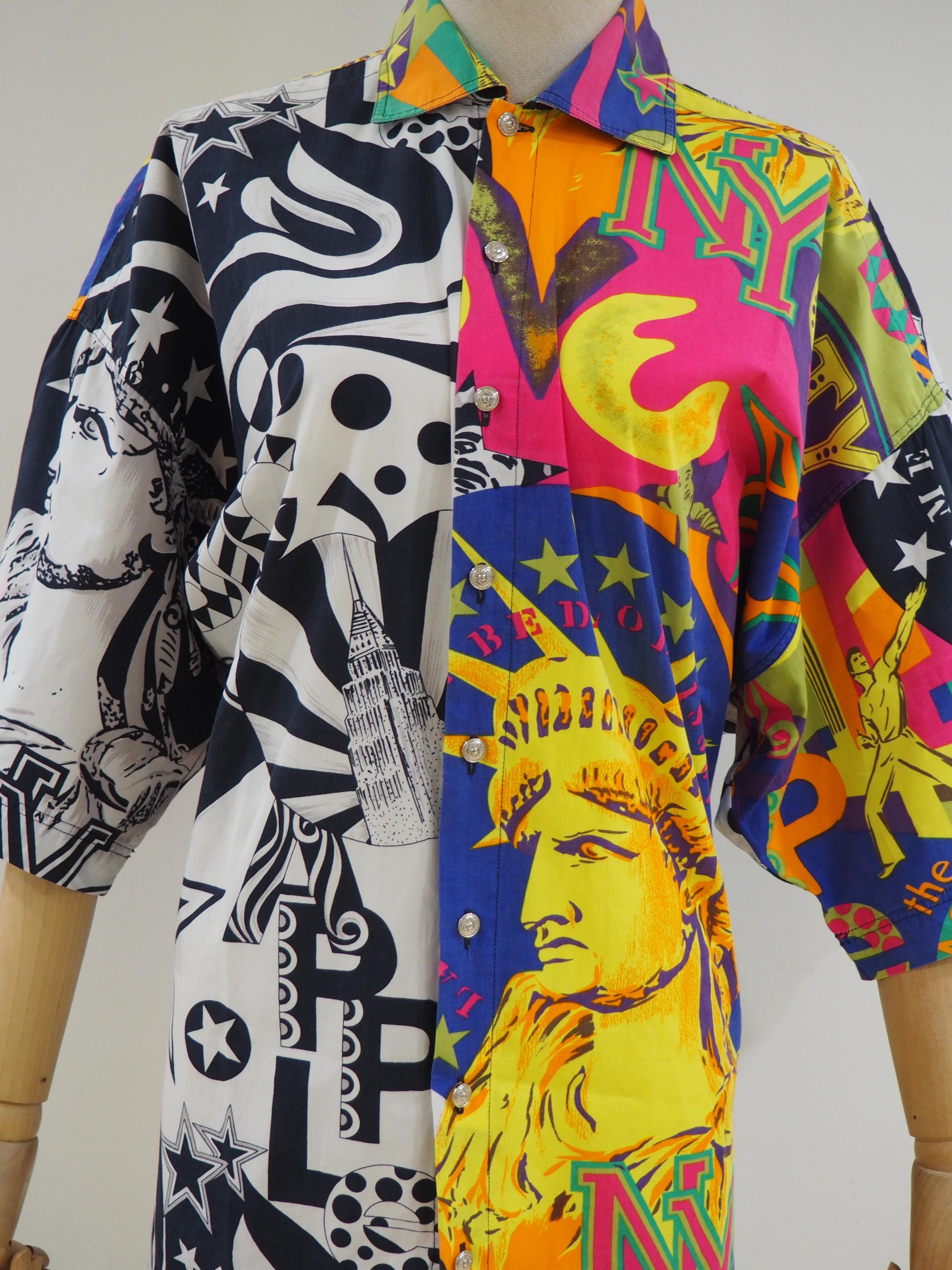 Versace Jeans Couture New York Pop Art multicoloured short sleeves cotton shirt In Excellent Condition In Capri, IT