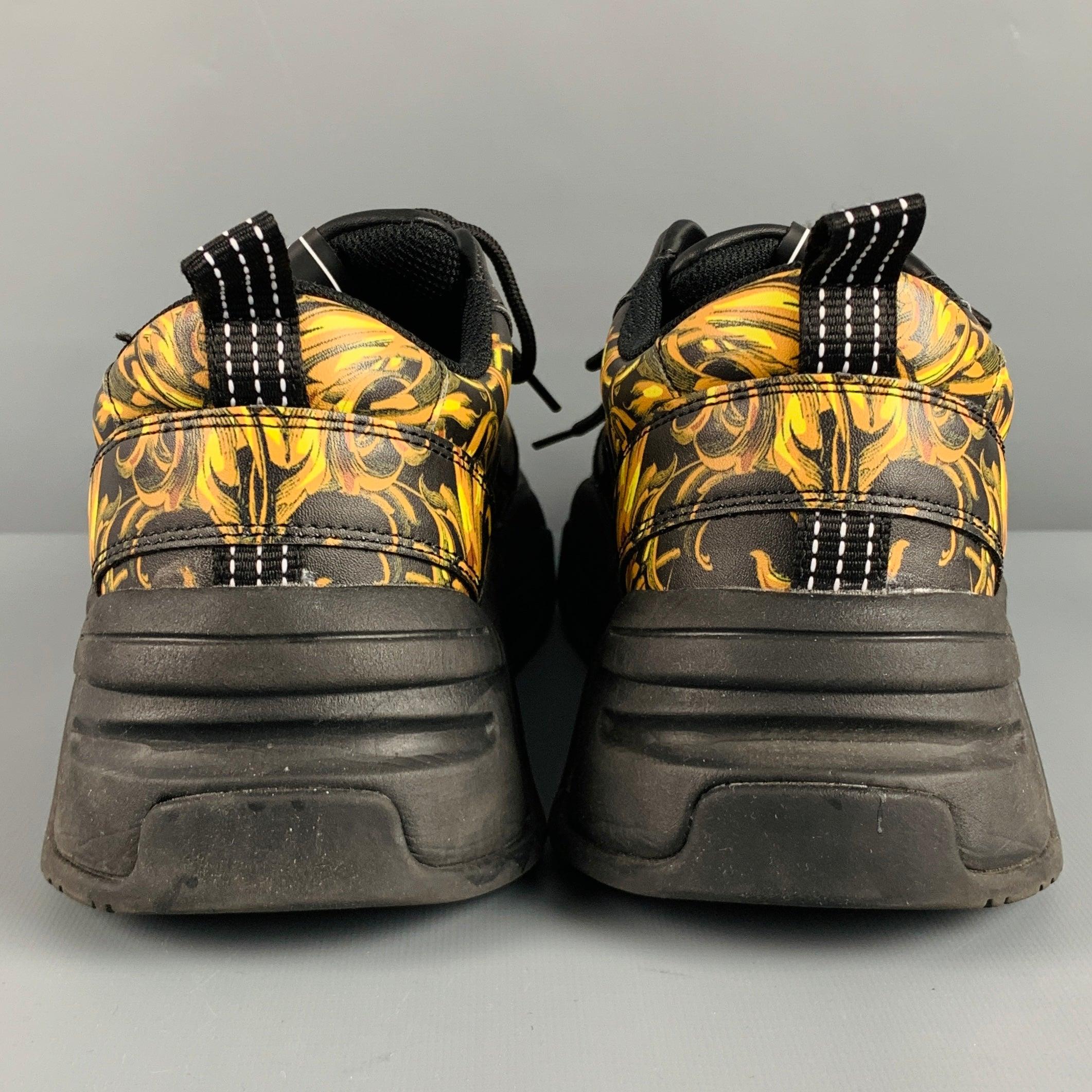 VERSACE JEANS COUTURE Size 10.5 Black Gold Baroque Leather Sneakers In Good Condition For Sale In San Francisco, CA