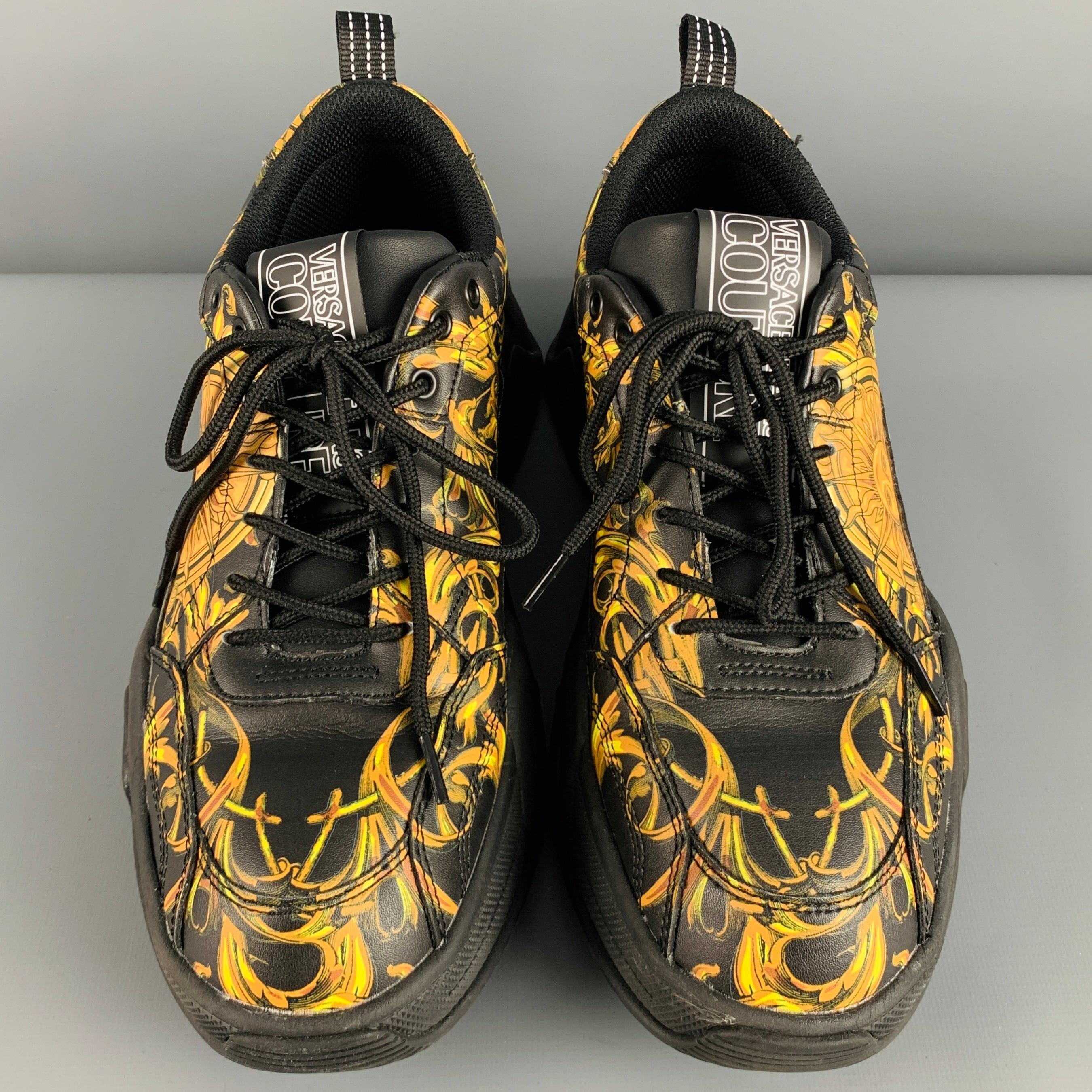 Men's VERSACE JEANS COUTURE Size 10.5 Black Gold Baroque Leather Sneakers For Sale