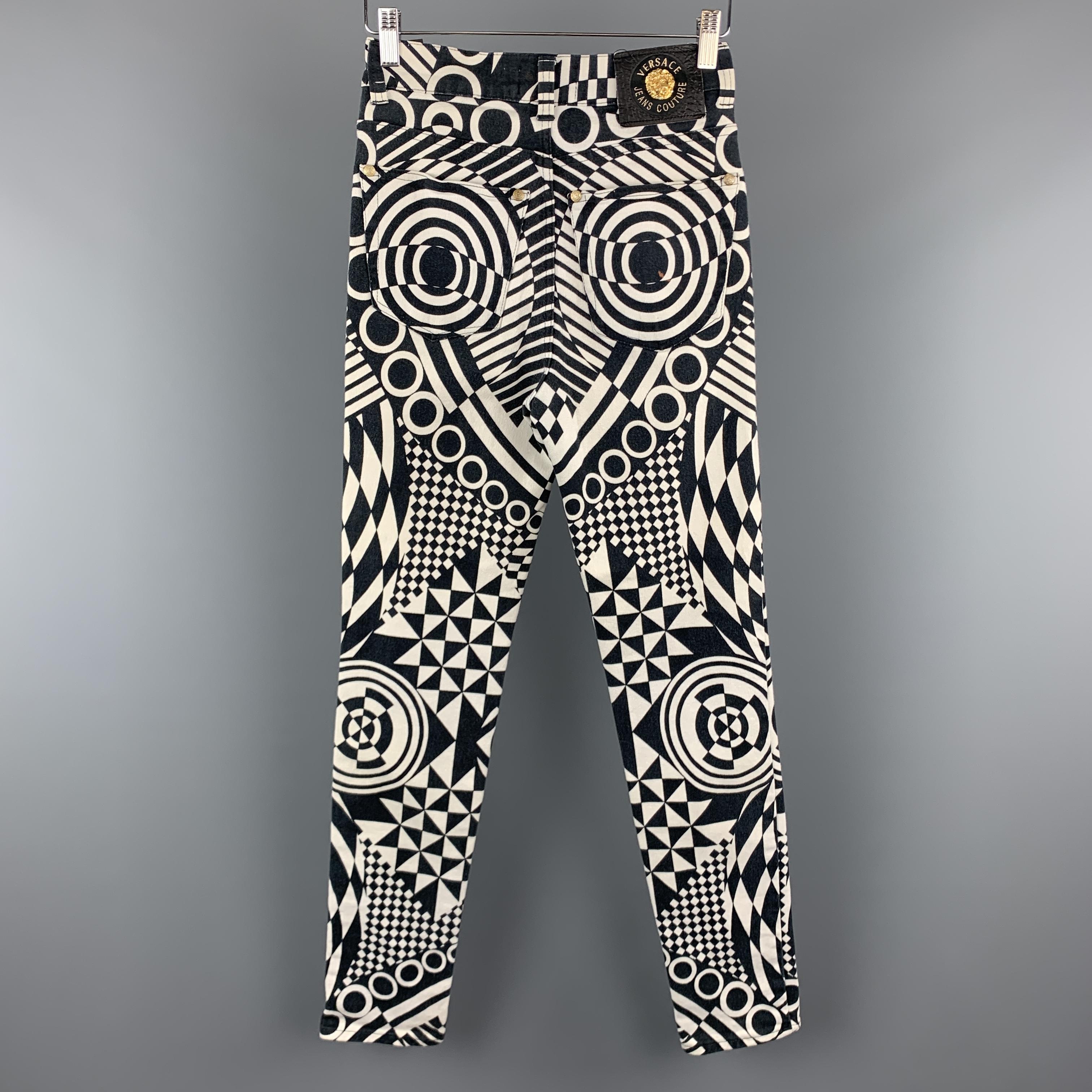 VERSACE JEANS Couture Size 28 Black & White Geometric Print Jeans 1