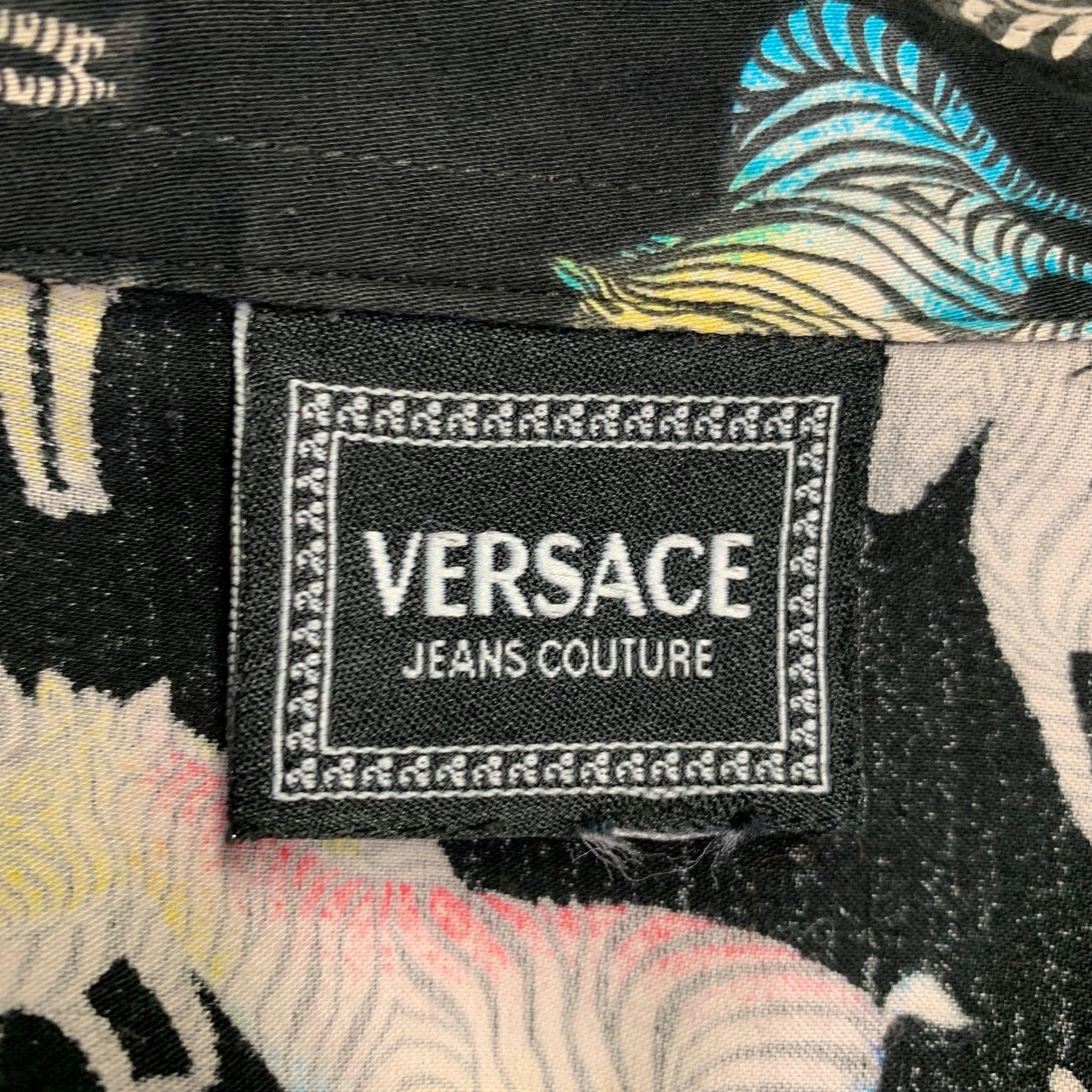 VERSACE JEANS COUTURE - Chemise à manches courtes surdimensionnée noire et zébrée multicolore, taille L Pour hommes en vente