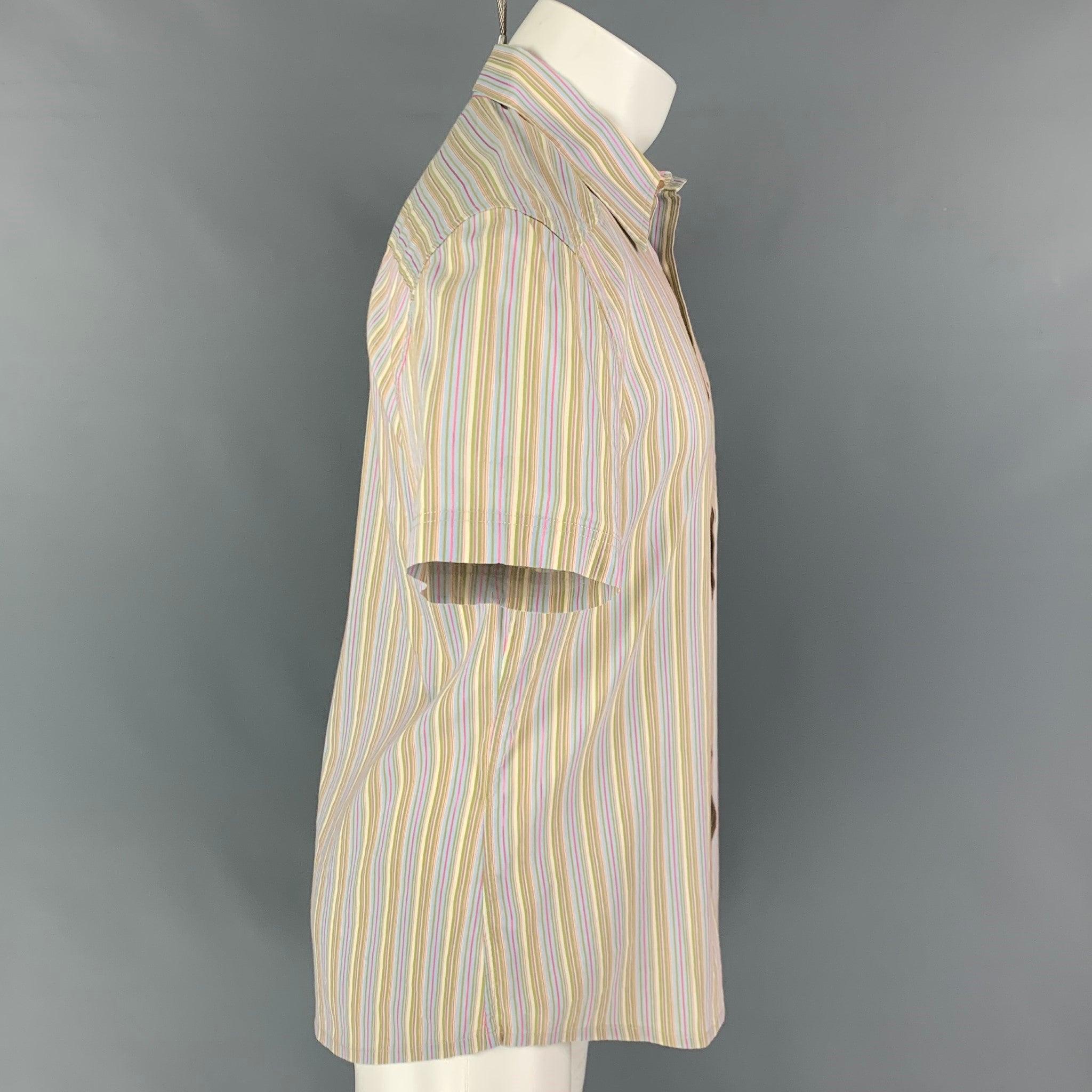 VERSACE JEANS COUTURE short sleeve shirt comes in a multi-color stripe cotton featuring a spread collar, patch details, ack graphic design, and a button up closure. Made in Italy.
Very Good
Pre-Owned Condition. 

Marked:   M  

Measurements: 
