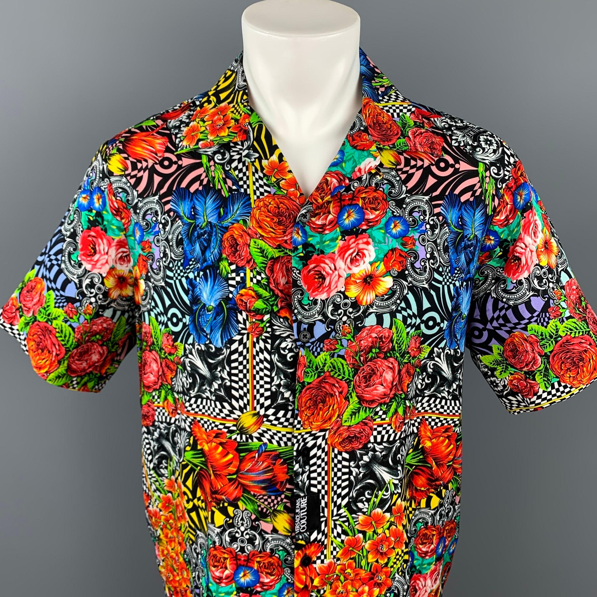 VERSACE JEANS COUTURE short sleeve shirt comes in a multi-color abstract print featuring a camp style and a spread collar. Made in Romania.

New With Tags. 
Marked: S

Measurements:

Shoulder: 19 in.
Chest: 44 in.
Sleeve: 10 in.
Length: 29 in. 