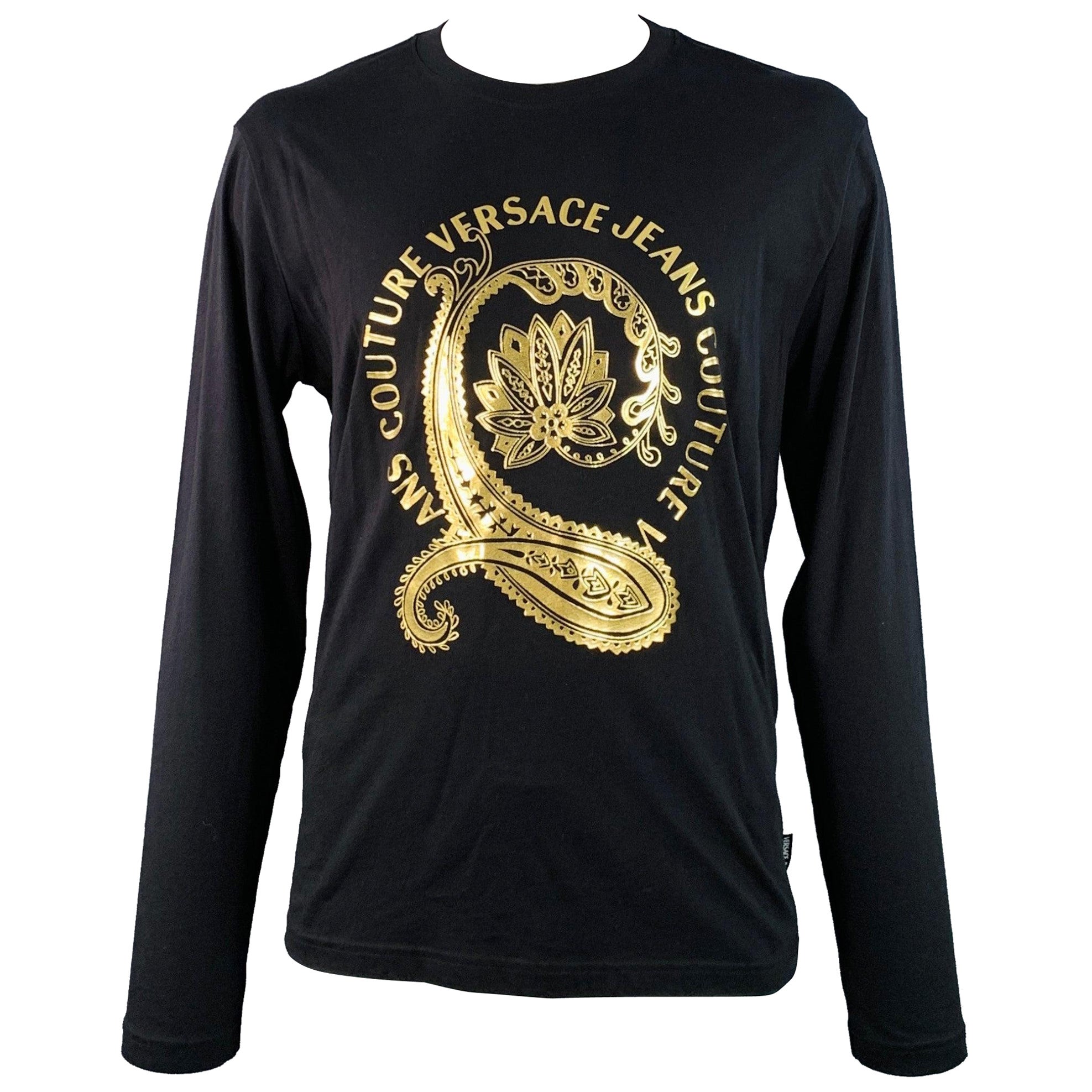 VERSACE JEANS COUTURE Size XXL Black Gold Cotton Jersey Logo Print Pullover
