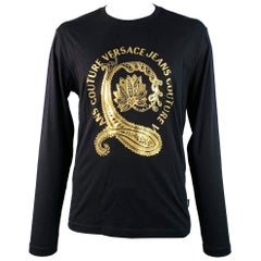 VERSACE JEANS COUTURE Size XXL Black Gold Cotton Jersey Logo Print Pullover