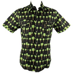 VERSACE JEANS COUTURE Size XXL Black & Green Palm Tree Print Cotton Shirt