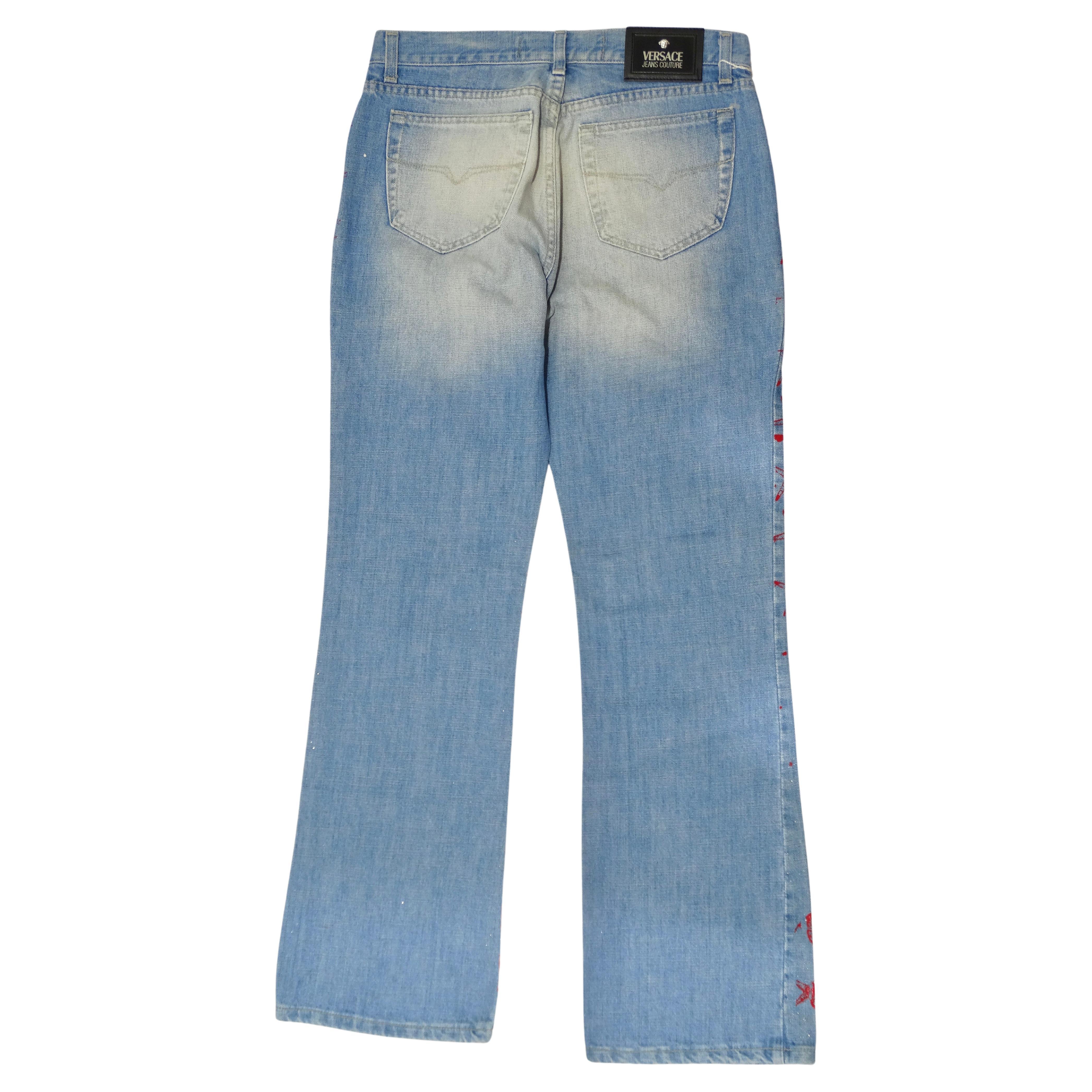 These Versace jeans speaks to the experimentation with denim in the 1990's. These jeans feature intentional distressing & fading, thick paint starfish print, & a moderate amount of glitter & bling. The fit is also signature 90s style, with bootcut