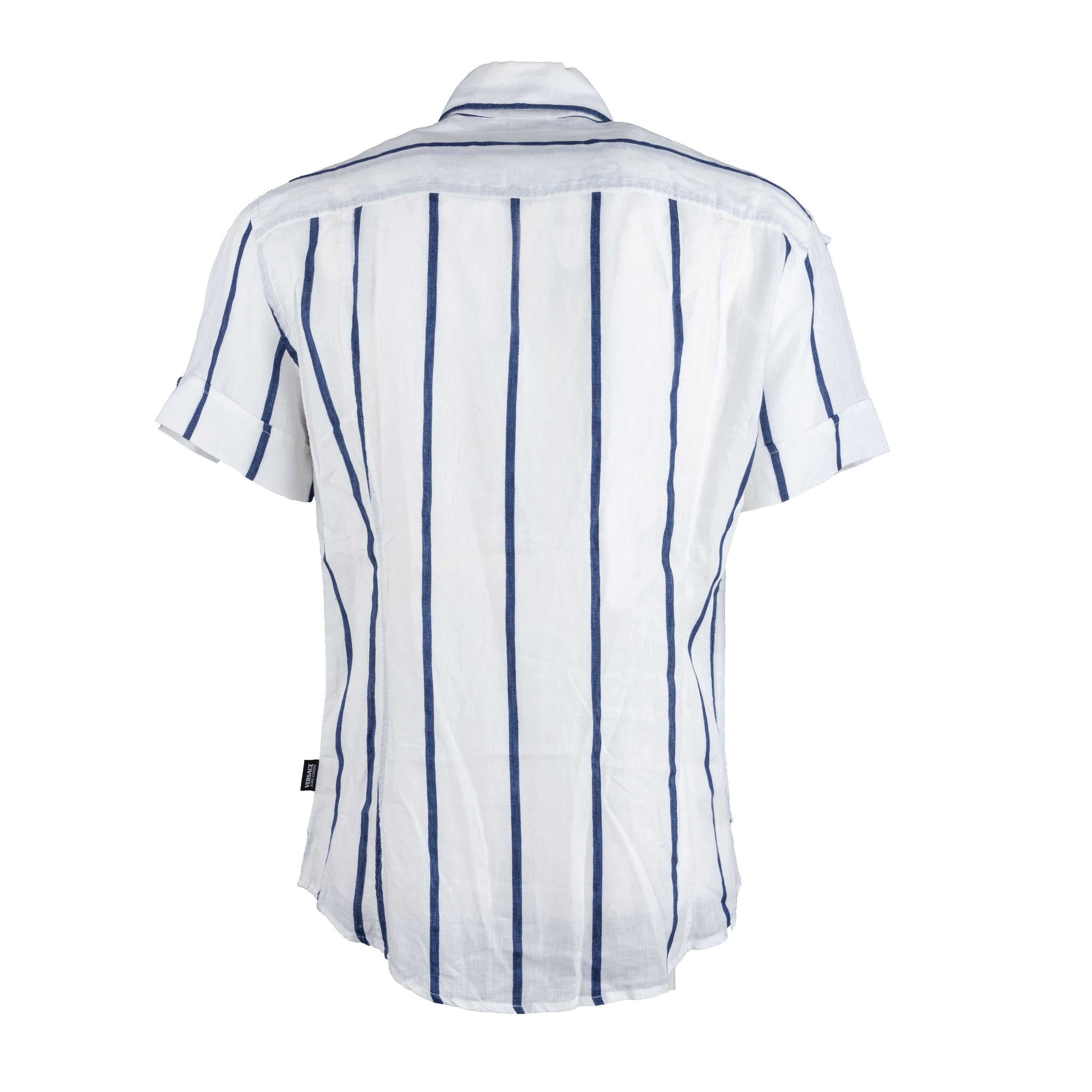 The Versace Jeans Couture Stripe Shirt is expertly crafted from 100% linen, providing both breathability and durability. The white shirt is accented with bold blue stripes and features a classic collar and front button opening. The iconic Versace