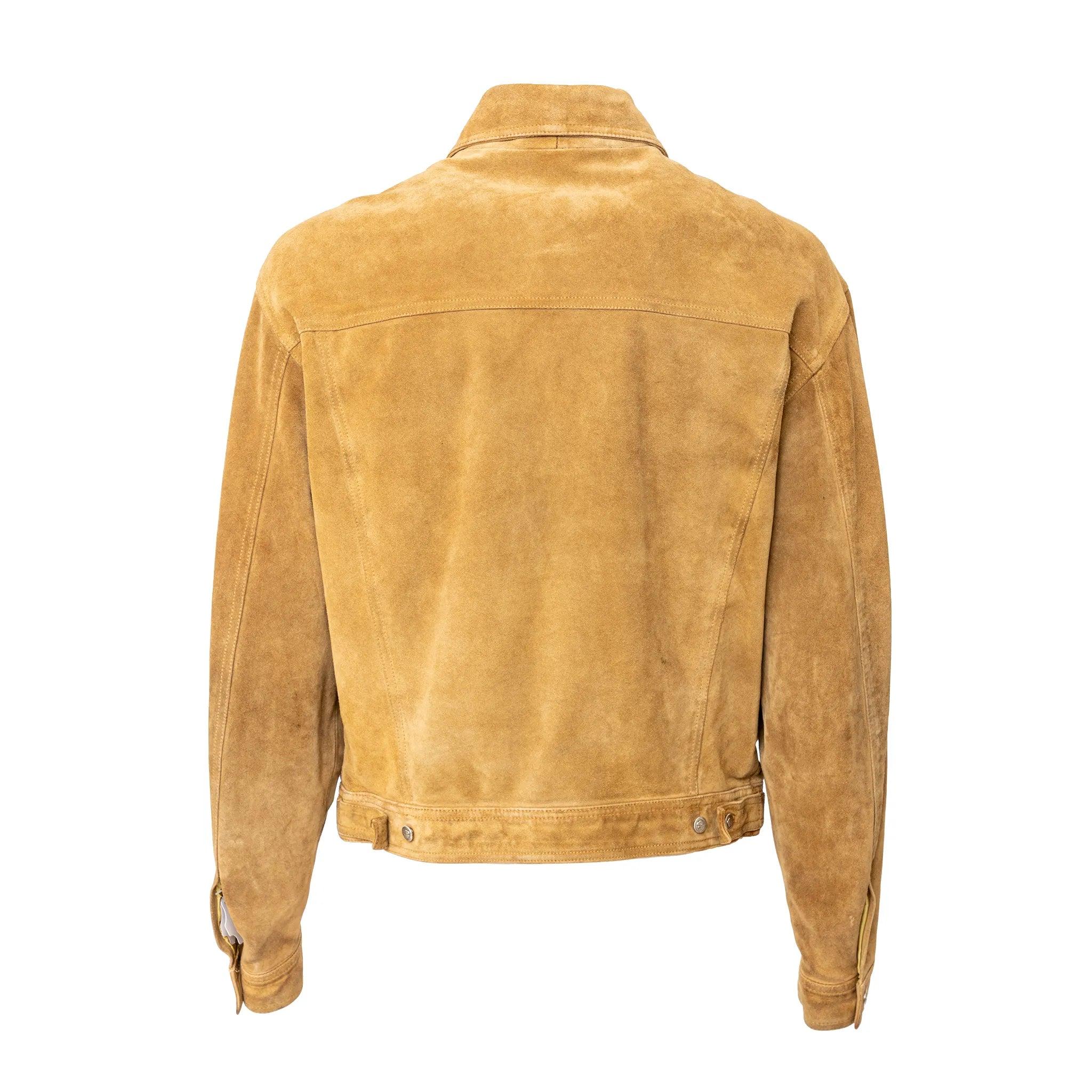 Giacca classica in pelle scamosciata Versace Jeans Couture in marrone chiaro, realizzata in pelle scamosciata di prima qualità con i dettagli della testa di Medusa su bottoni e borchie.
 Osservazioni: ci sono alcune macchie e segni di usura. Le