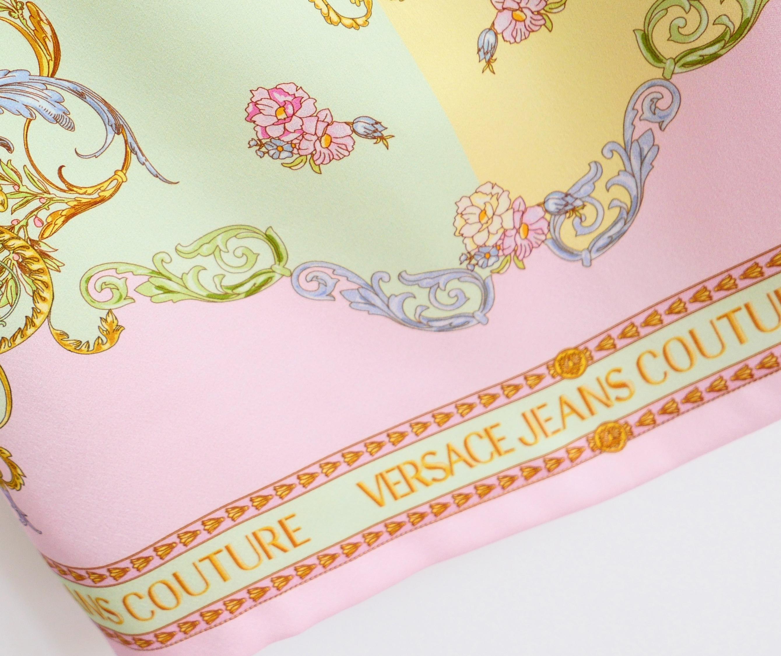 Delicious Versace Jeans Couture Tuileries slip dress. Worn once. Made from soft sateen with candy coloured Rocco floral bouquet print and logo print to hem. It has a square neckline, adjustable lingerie inspired straps, darted bust, a-line skirt and