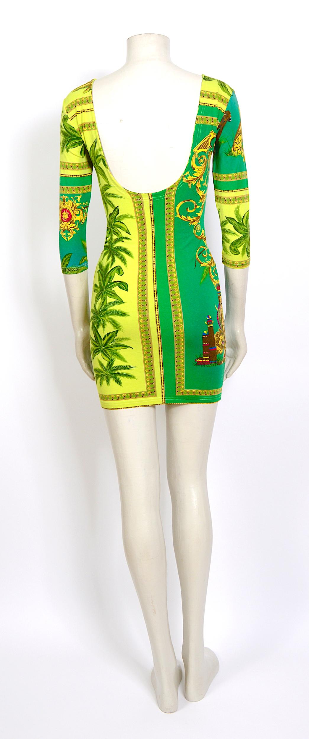 Green Versace Jeans Couture vintage 1990s stretch Tarzan & Jane jungle print dress  For Sale
