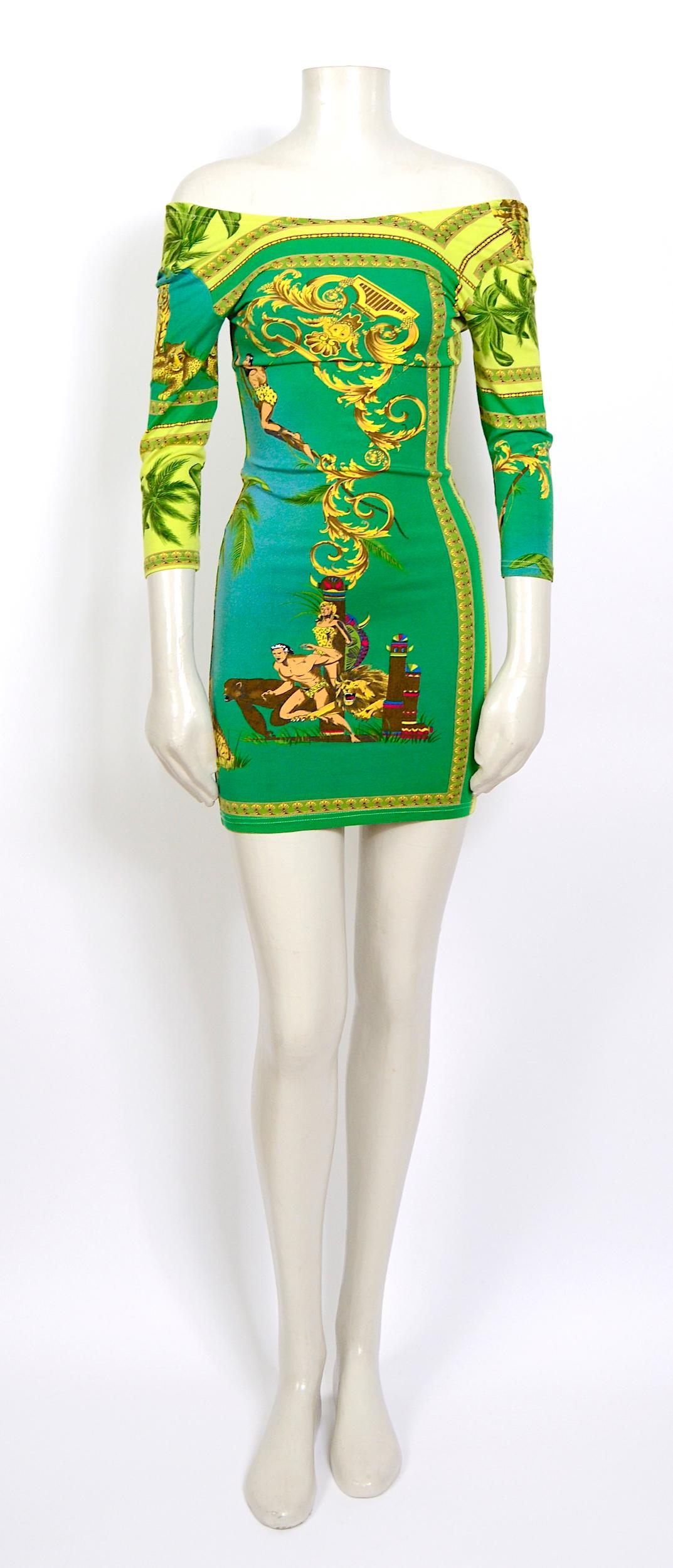 Versace Jeans Couture vintage 1990s stretch Tarzan & Jane jungle print dress  In Excellent Condition For Sale In Antwerp, BE