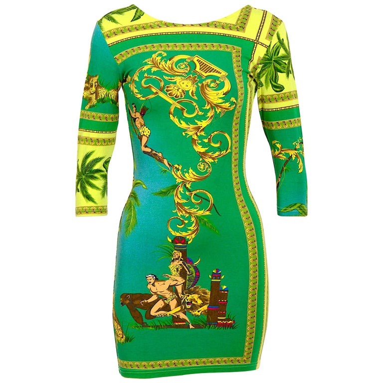 Versace Jeans Couture vintage 1990s stretch Tarzan and Jane jungle print  dress For Sale at 1stDibs