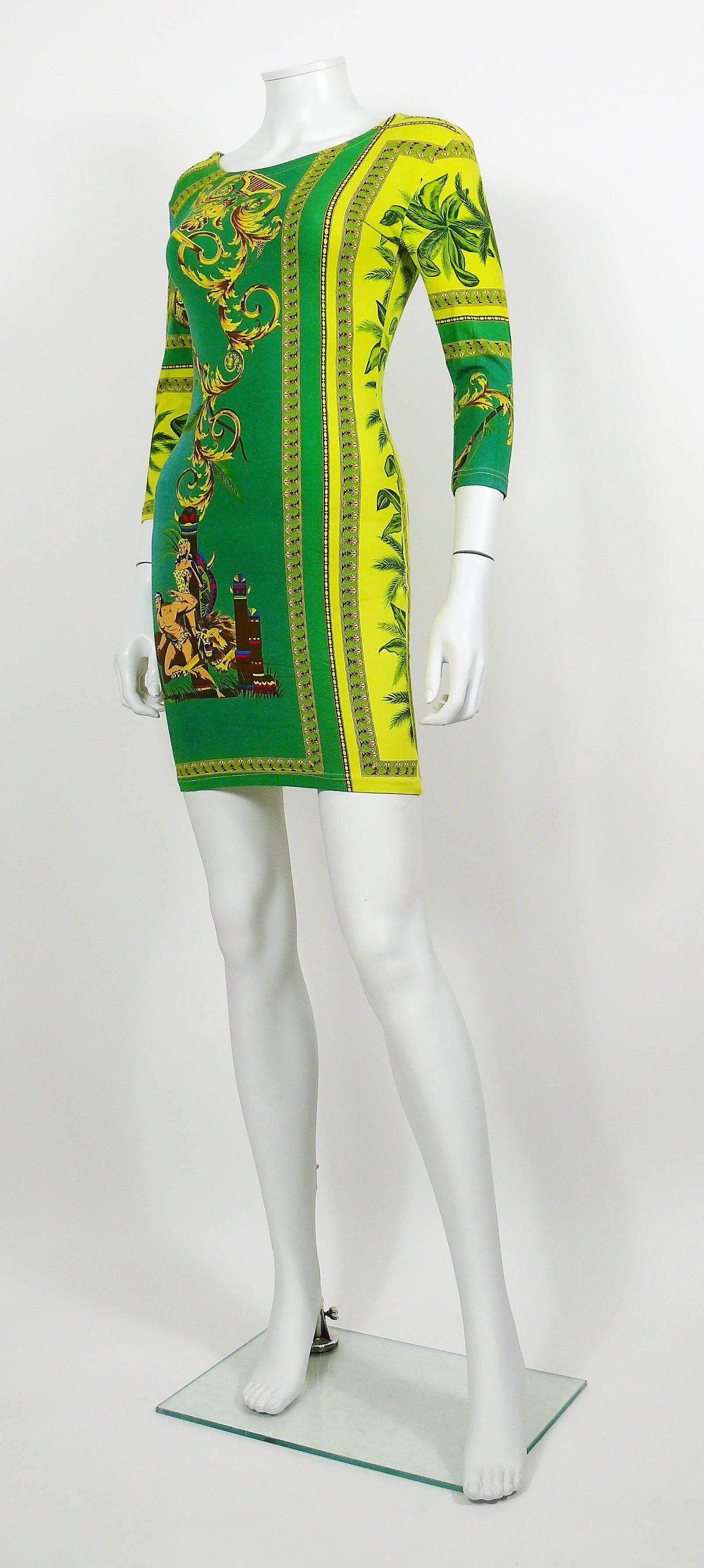 Green Versace Jeans Couture Vintage 1990s Tarzan Jungle Print Bodycon Dress For Sale