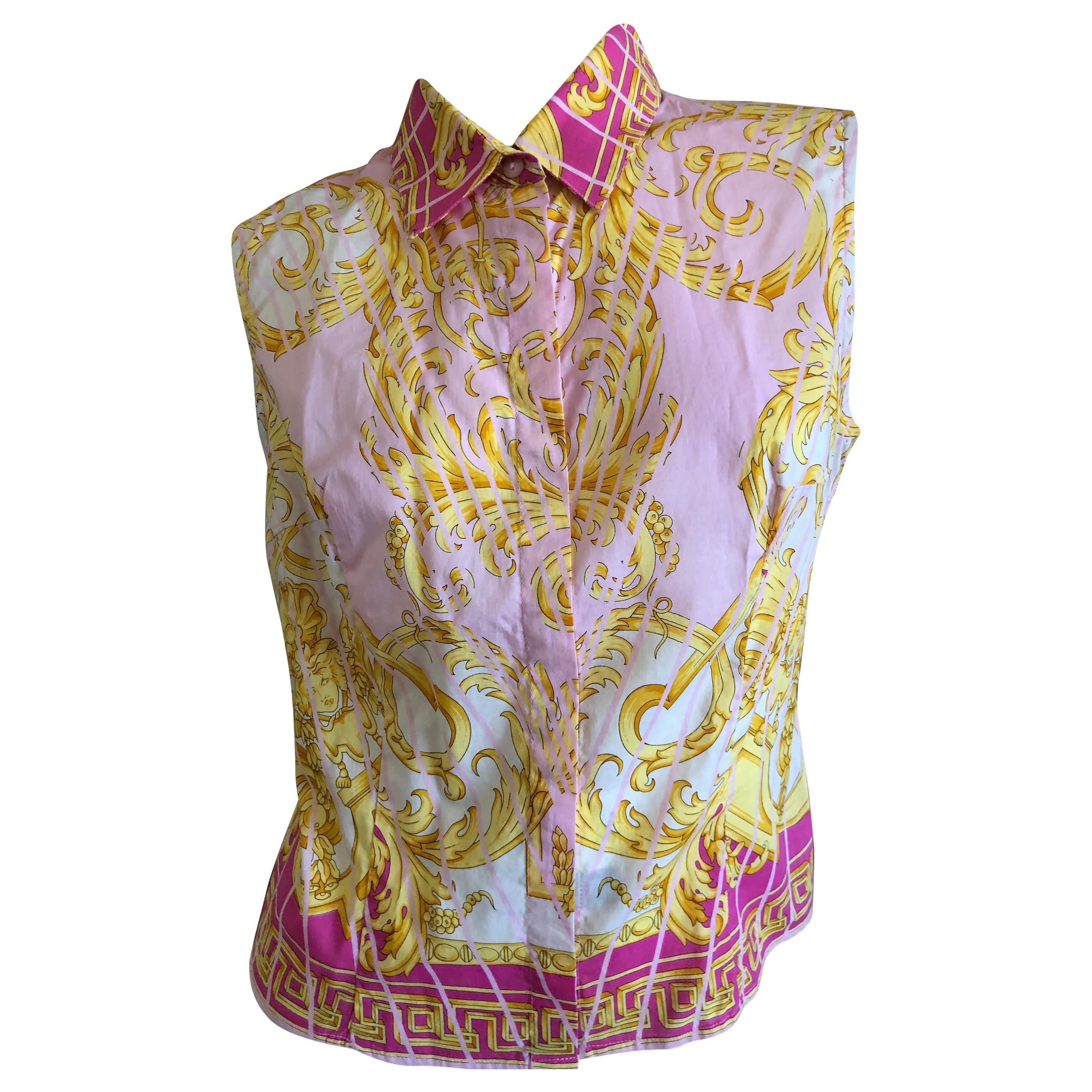 Versace Jeans Couture Vintage 80's  Baroque Print Sleeveless Cotton Top For Sale