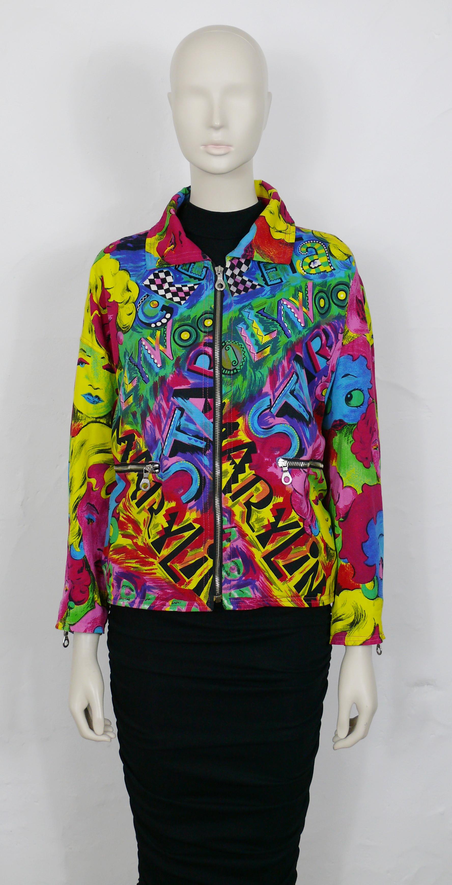 VERSACE JEANS COUTURE vintage rare oversized bomber moto jacket featuring ANDY WARHOL's style portrait prints in vibrant colors of MARYILYN MONROE and BETTY BOOP all over.

Spring/Summer 1991 Collection.

Label reads VERSACE JEANS COUTURE.
MADE IN