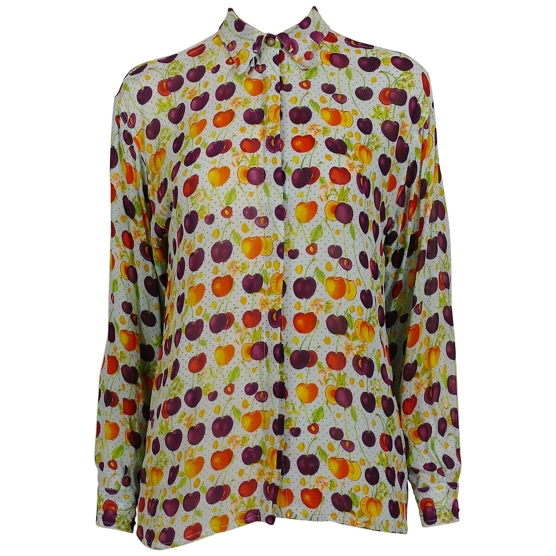 Versace Jeans Couture Vintage Multicolour Cherry Print Semi Sheer Blouse  Size S For Sale at 1stDibs