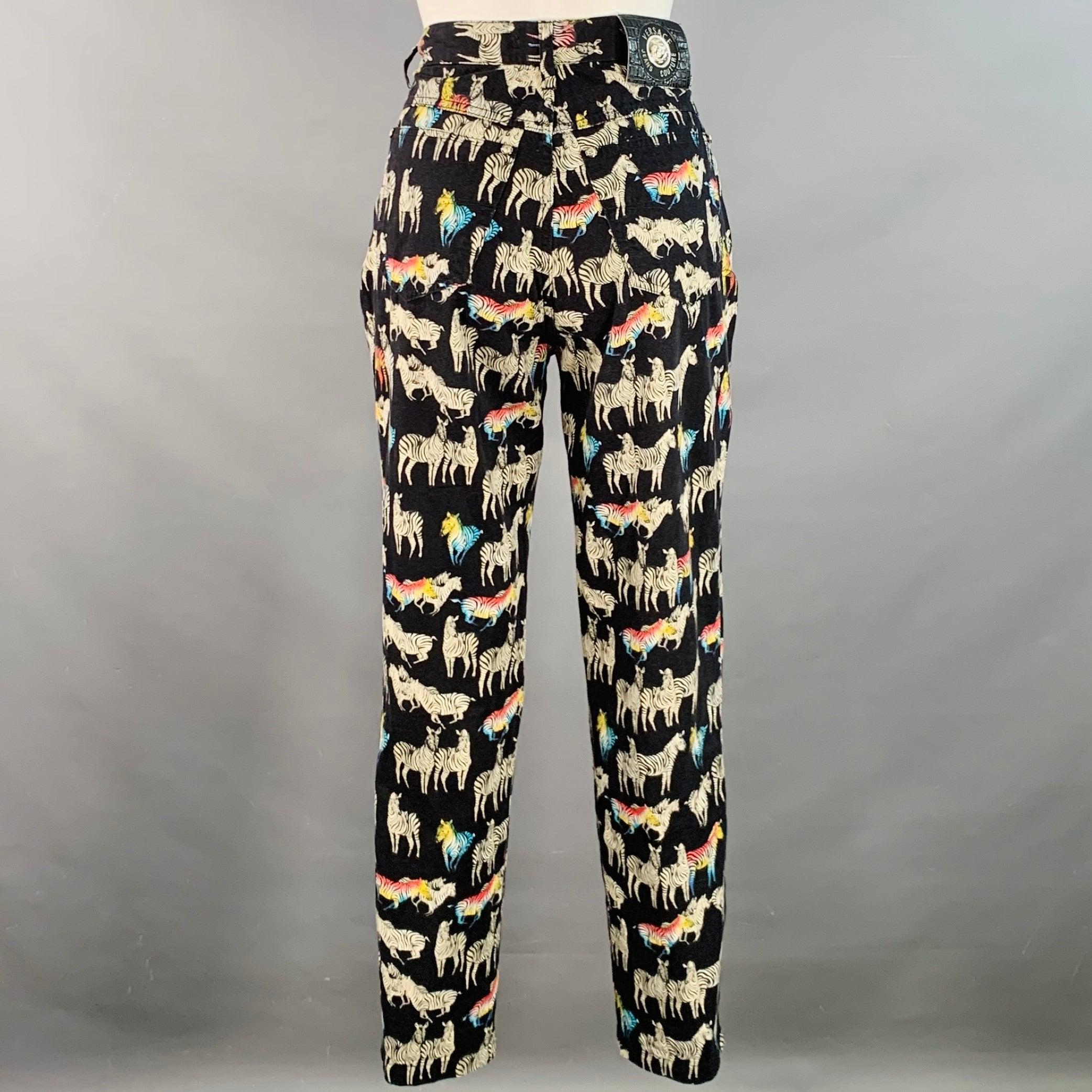 VERSACE JEANS COUTURE Vintage Größe 27 Schwarz Mehrfarbig Baumwollmischung Zebra Hochtaillierte Jeans im Zustand „Gut“ im Angebot in San Francisco, CA