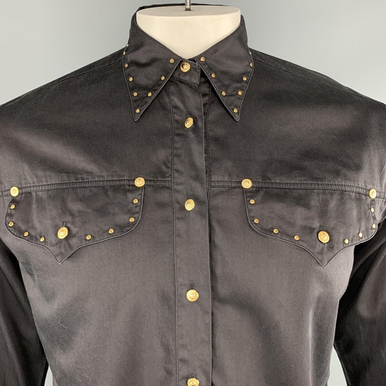 VERSACE JEANS COUTURE Vintage Size L Black Cotton Gold Sun Studded Western  Shirt
