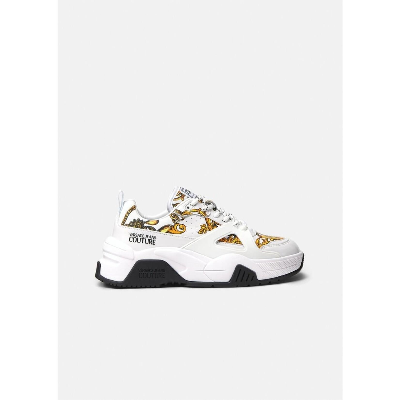 Gray Versace Jeans Couture White Baroque Print Gold Sneakers SZ 36 New in Box For Sale