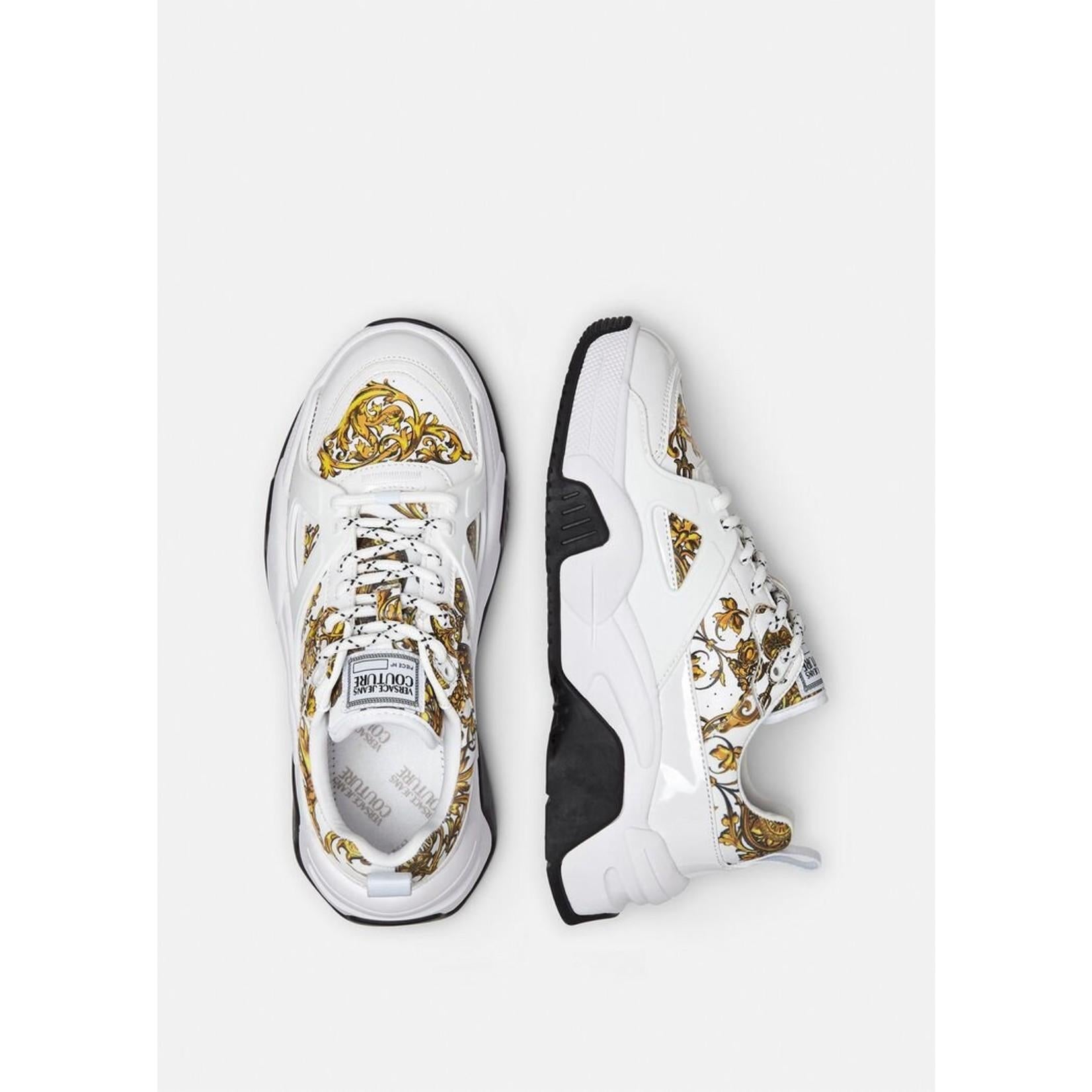 Women's or Men's Versace Jeans Couture White Baroque Print Gold Sneakers SZ 36 New in Box For Sale