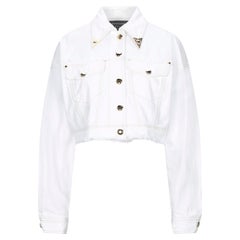 Versace Jeans Couture Veste courte en jean blanc à ourlet vieilli, Taille 38