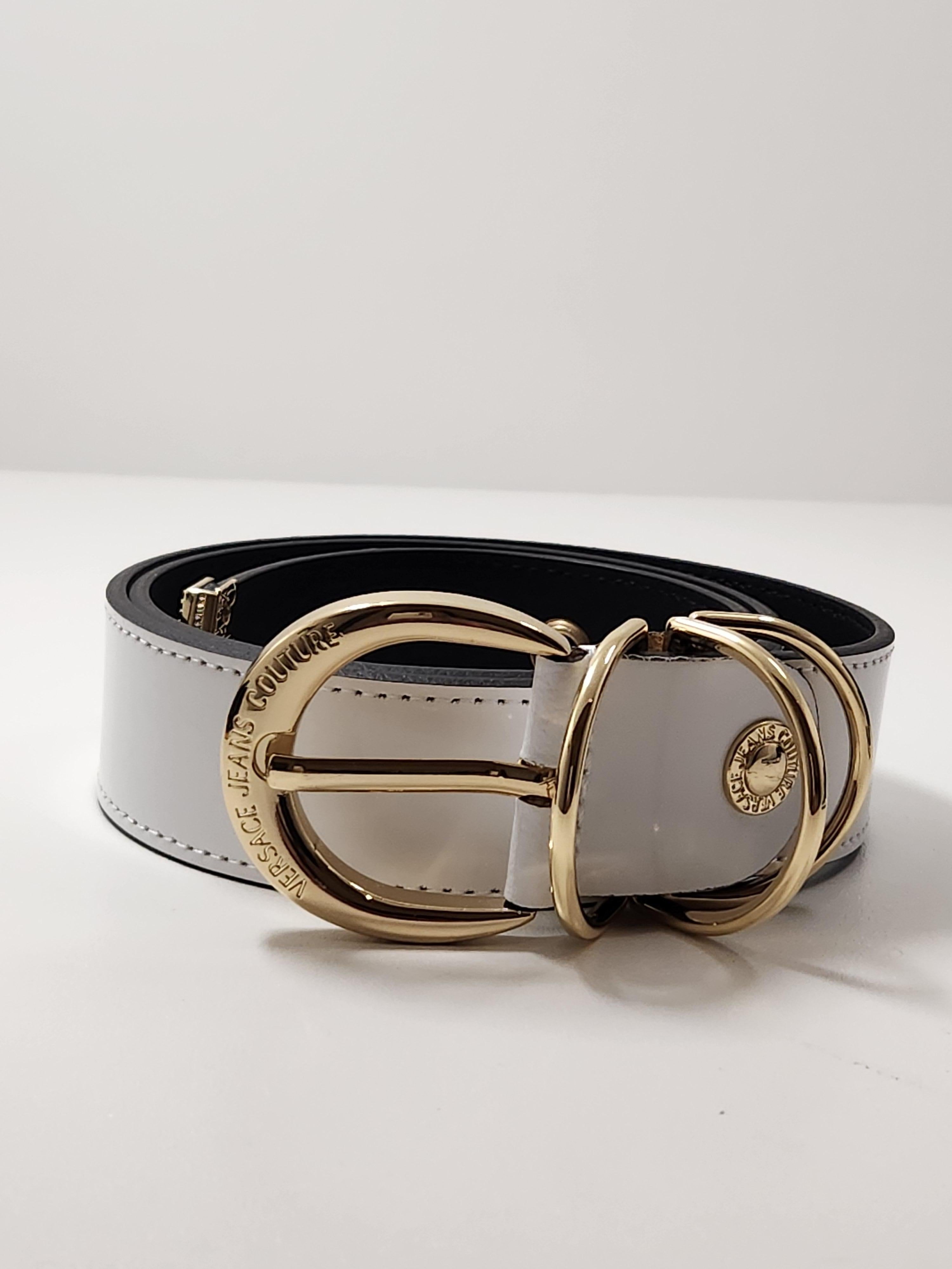 Versace Jeans Couture White Gold Buckle Wide Leather Belt SZ 75 For Sale 4