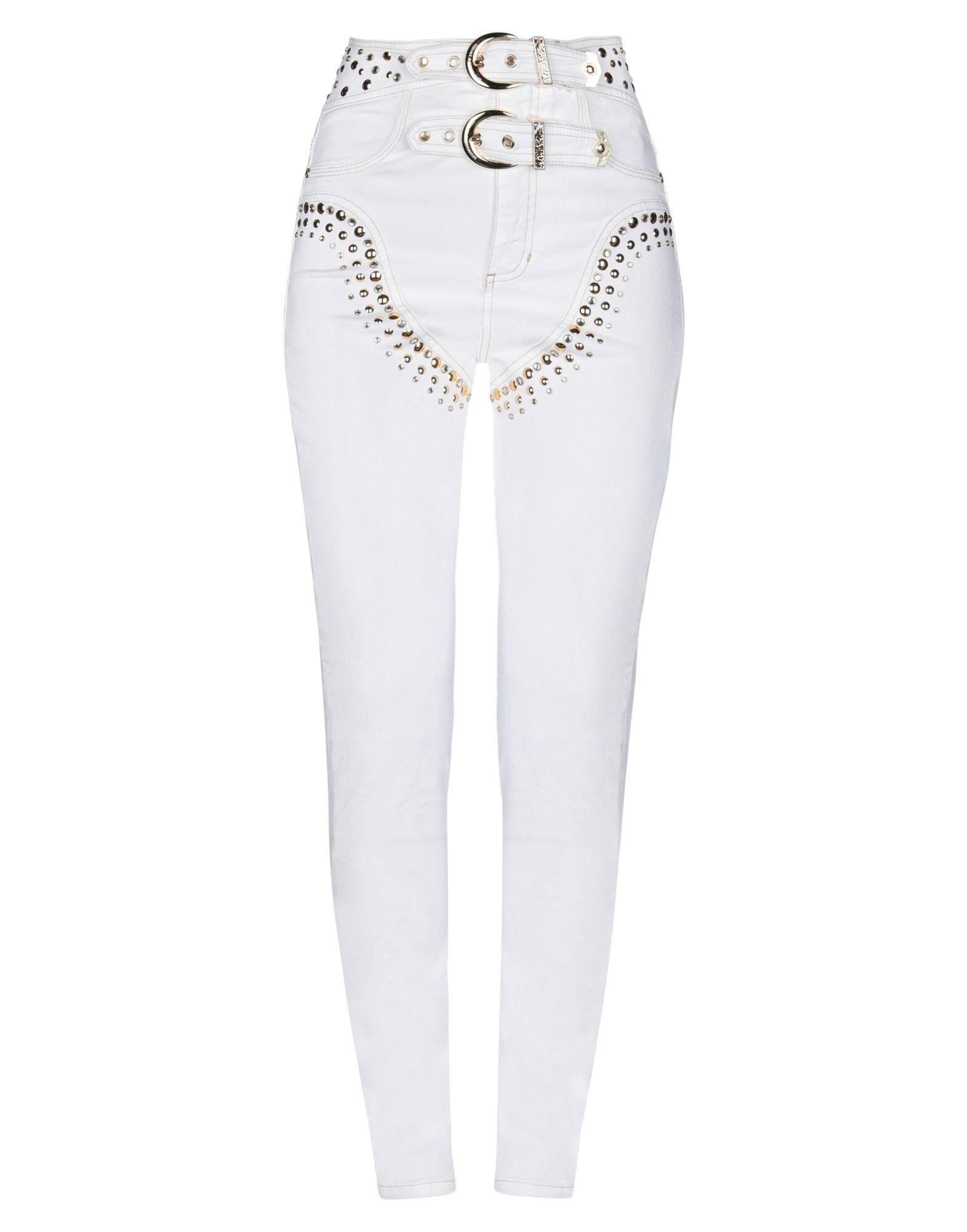 Gris Versace Jeans Couture White High Waist Double Buckled Belt Stud Detail Skinny en vente