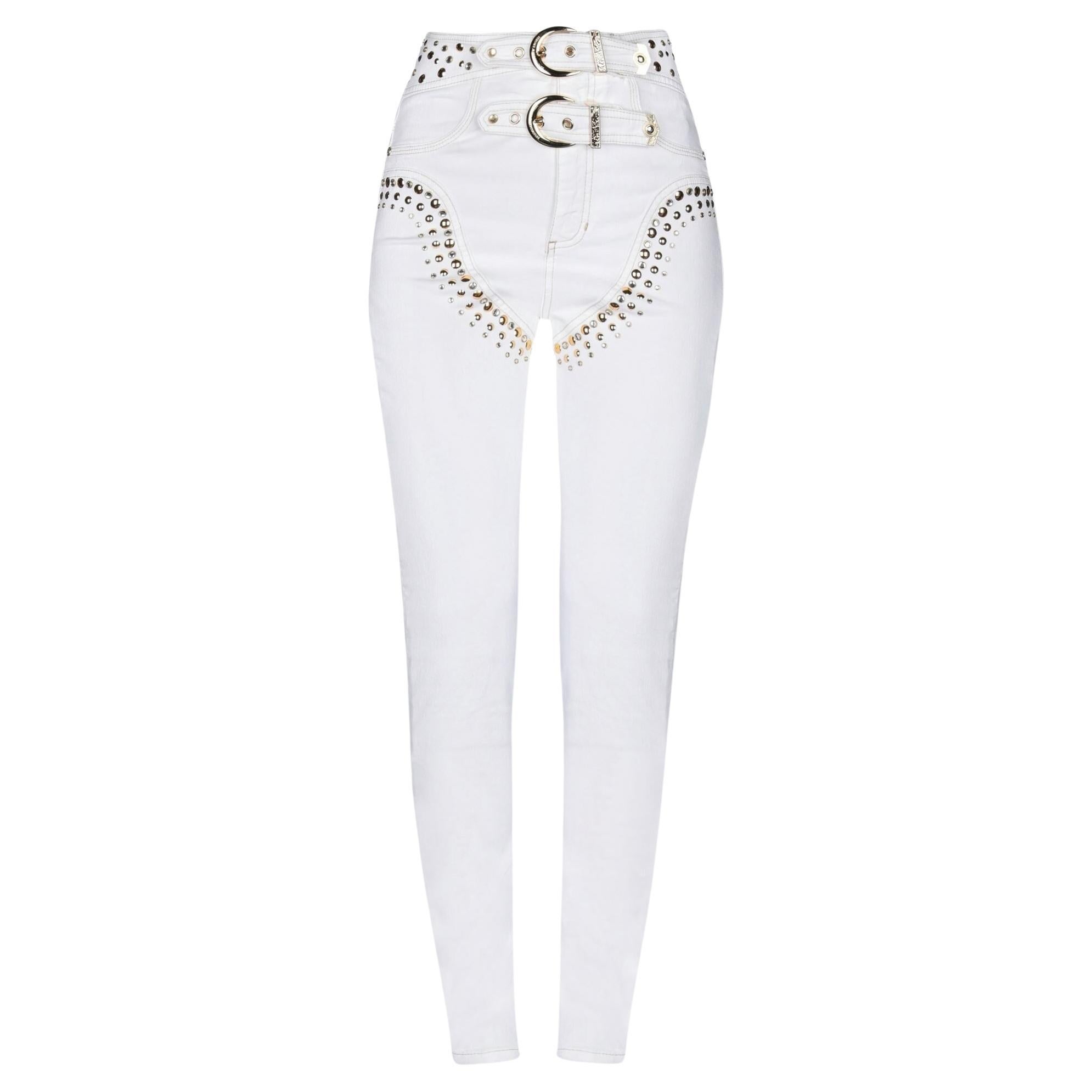 Versace Jeans Couture White High Waist Double Buckled Belt Stud Detail Skinny en vente