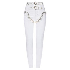 Versace Jeans Couture White High Waist Double Buckled Belt Stud Detail Skinny
