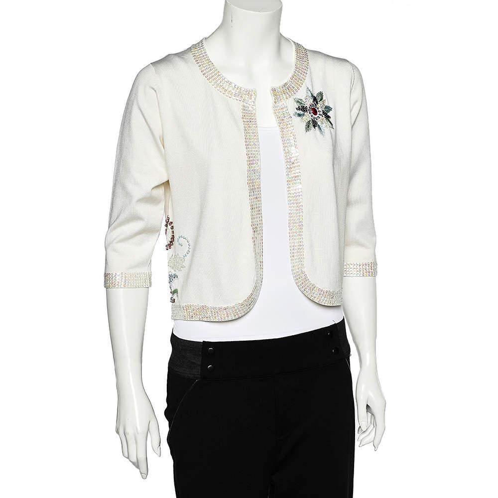 Women's Versace Jeans Couture White Silk Knit Sequin Embellished Open Front Shrug L For Sale