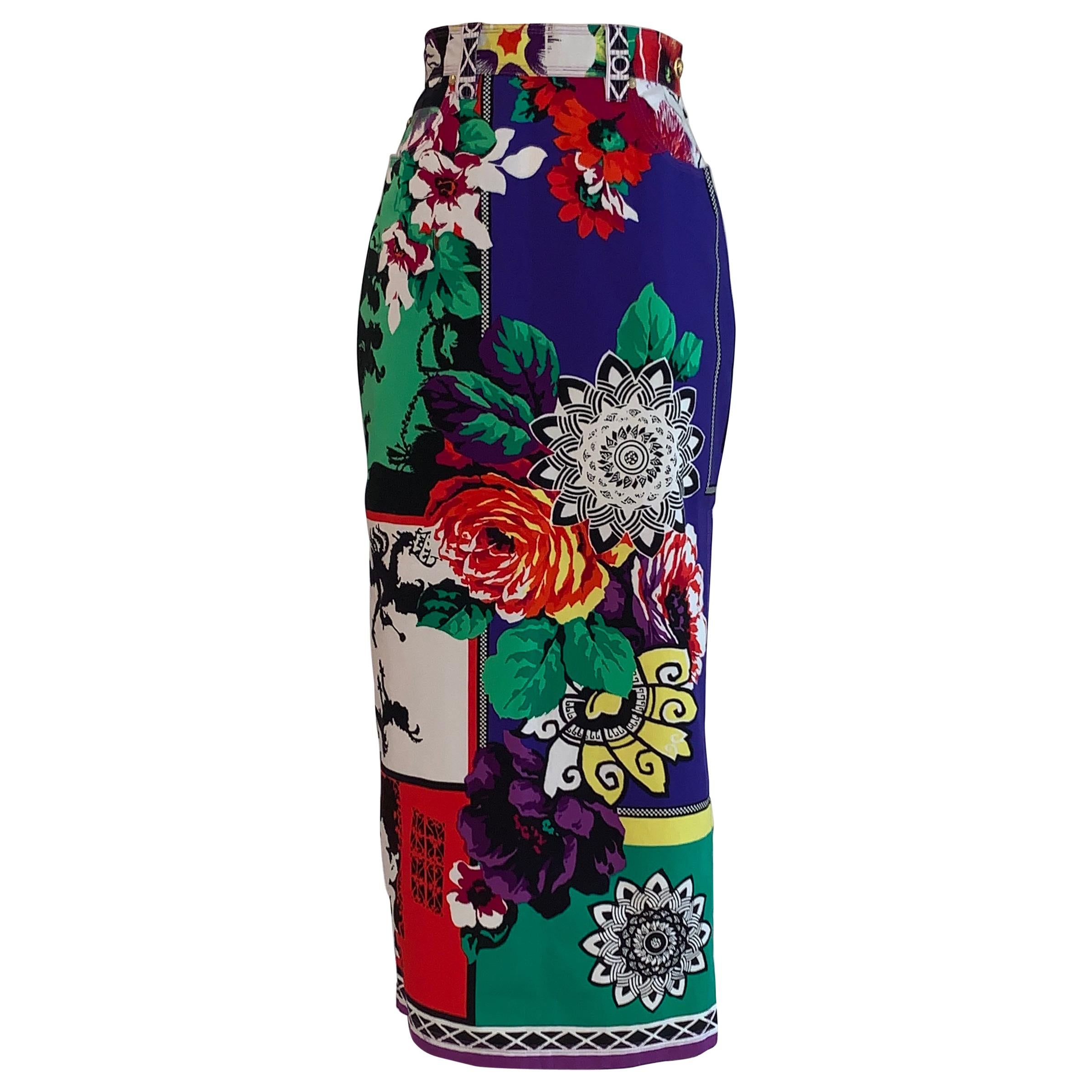 Versace Jeans Multicolor Iconic Print Cotton Twill Straight Midi Skirt