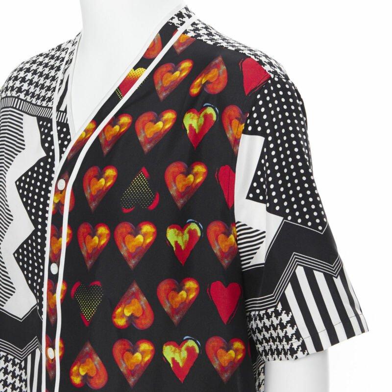 Gray VERSACE Jim Dine red Heart black chevron print baseball silk shirt EU39 M For Sale