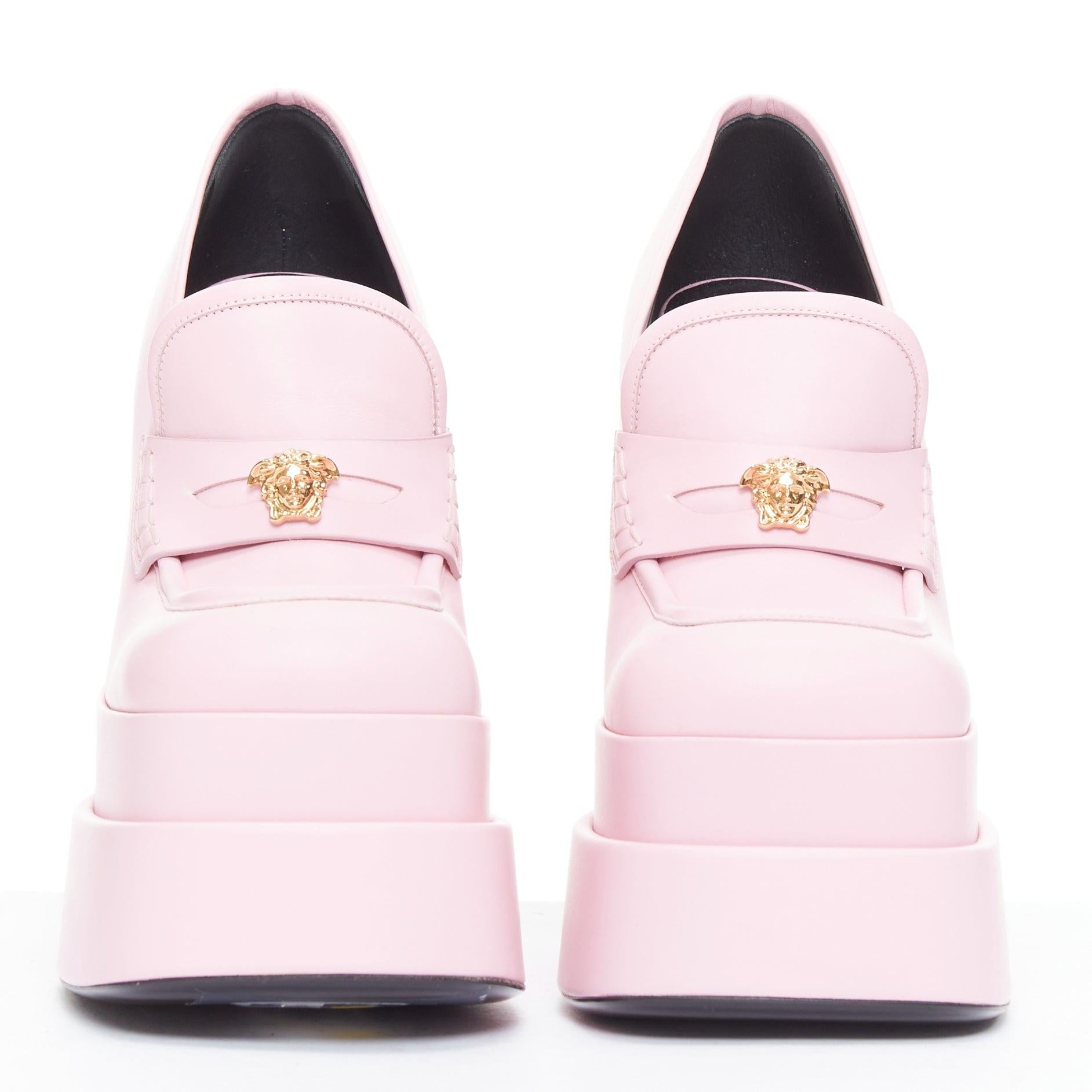 Pink VERSACE Juno Aevitas light pink leather gold medusa logo platform loafers EU38 For Sale