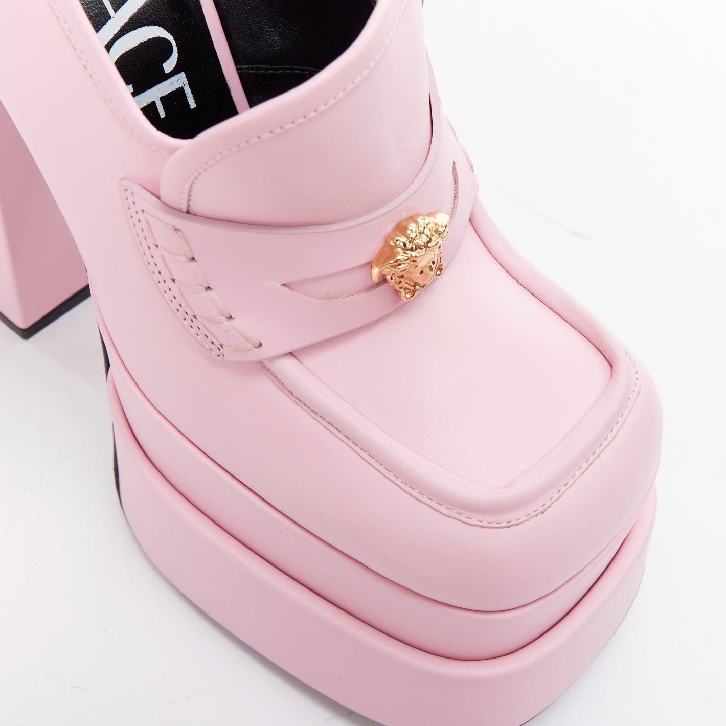 VERSACE Juno Aevitas light pink leather gold medusa logo platform loafers EU38 For Sale 2