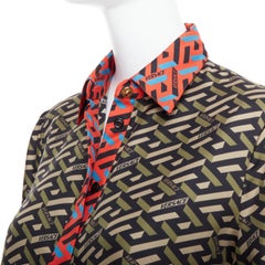 VERSACE La Greene & Greene 100% seta verde rosso stampa geometrica logo camicia IT36 XXS