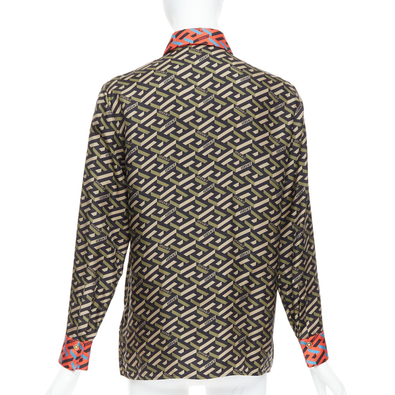 Women's VERSACE La Greca 100% silk green red geometric print logo shirt IT36 XXS For Sale