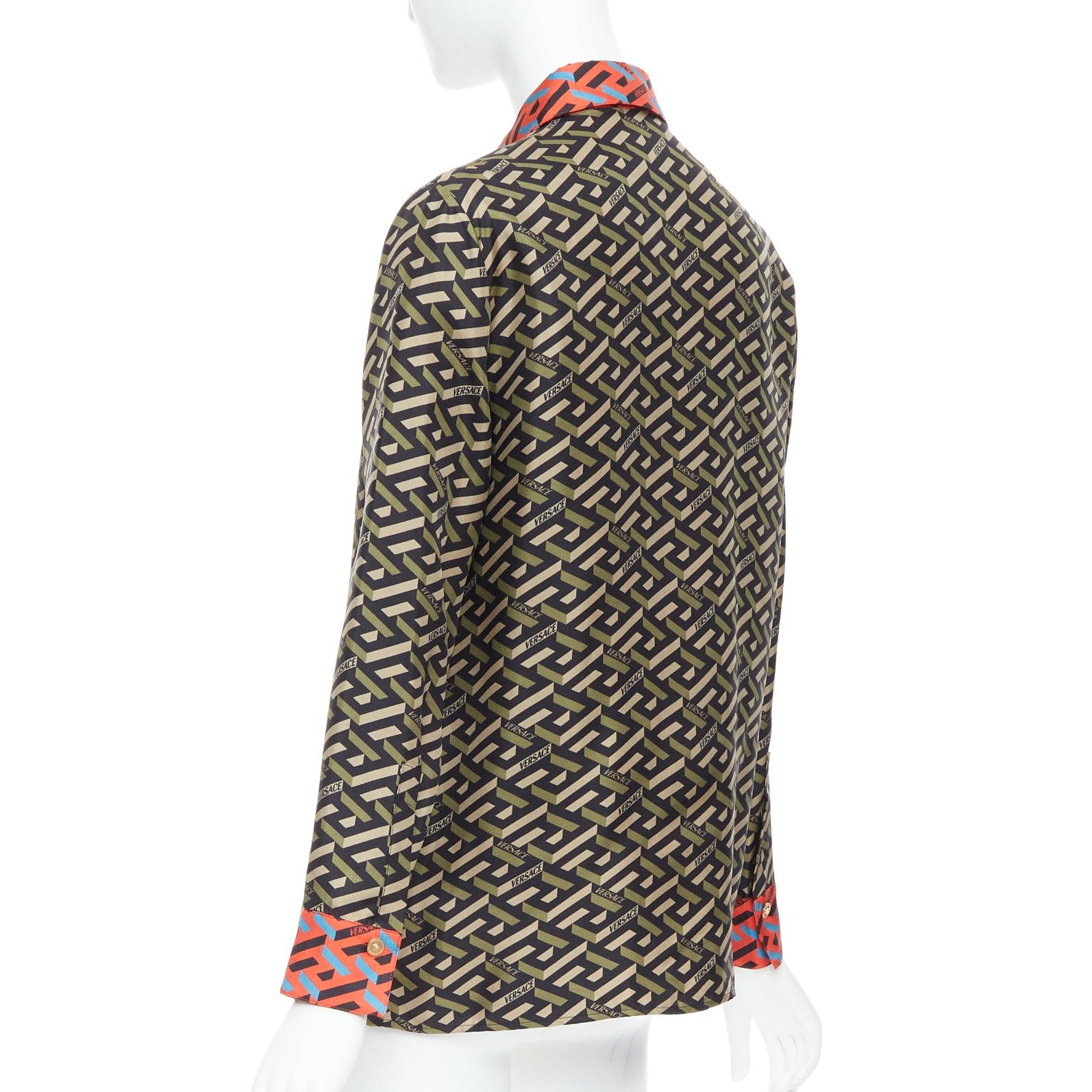 VERSACE La Greca 100% silk green red geometric print logo shirt IT36 XXS For Sale 1