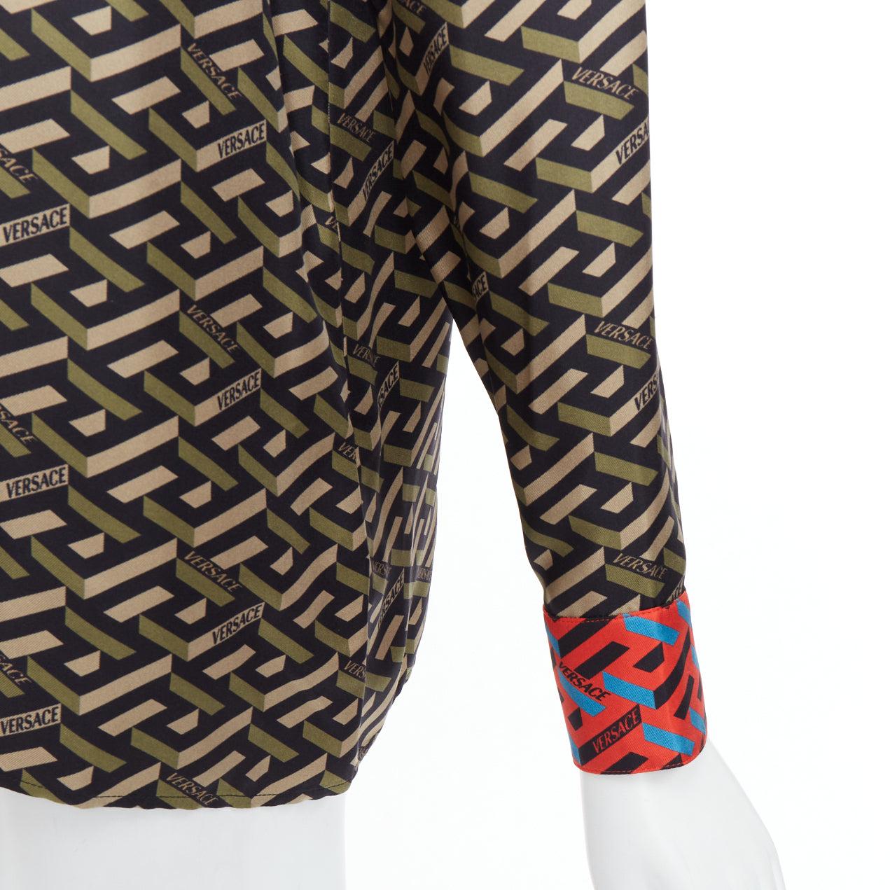 VERSACE La Greca 100% silk green red geometric print logo shirt IT36 XXS For Sale 2