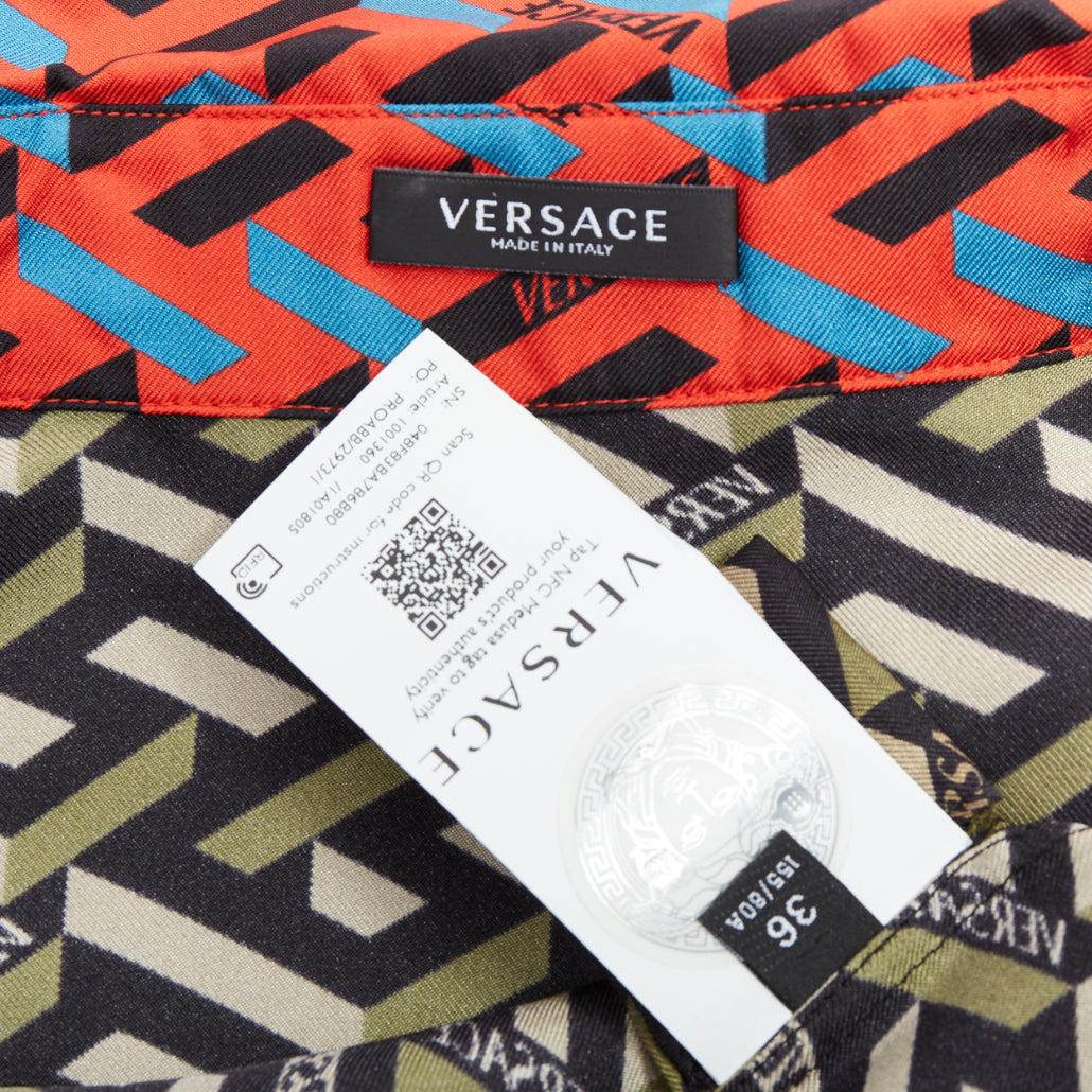 VERSACE La Greca 100% silk green red geometric print logo shirt IT36 XXS For Sale 3