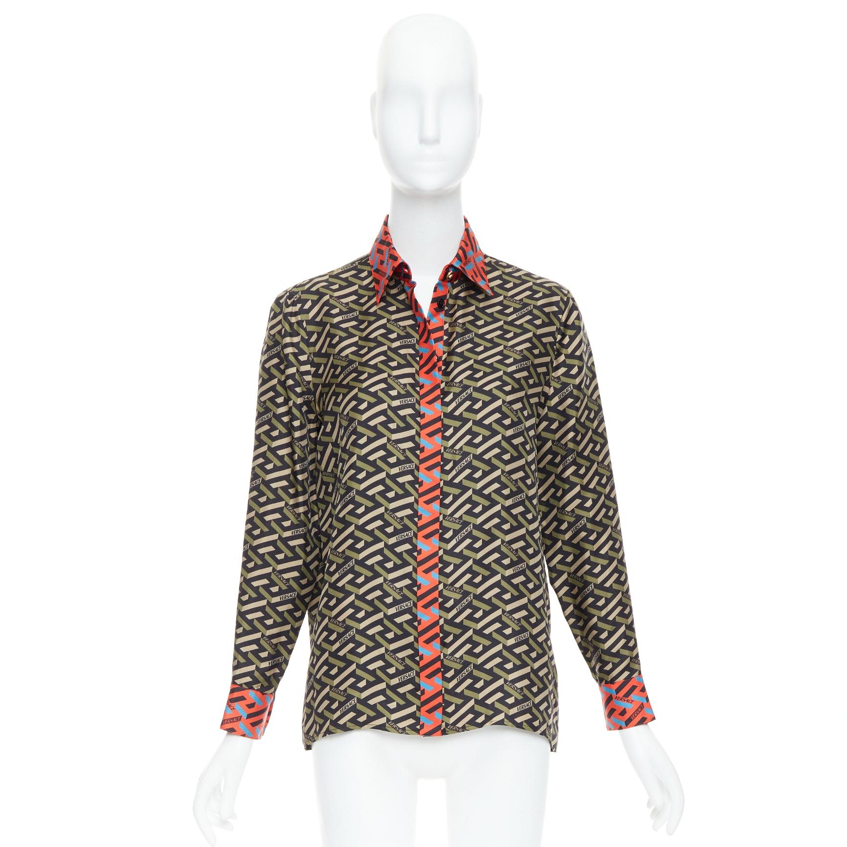 VERSACE La Greca 100% silk green red geometric print logo shirt IT36 XXS For Sale 4